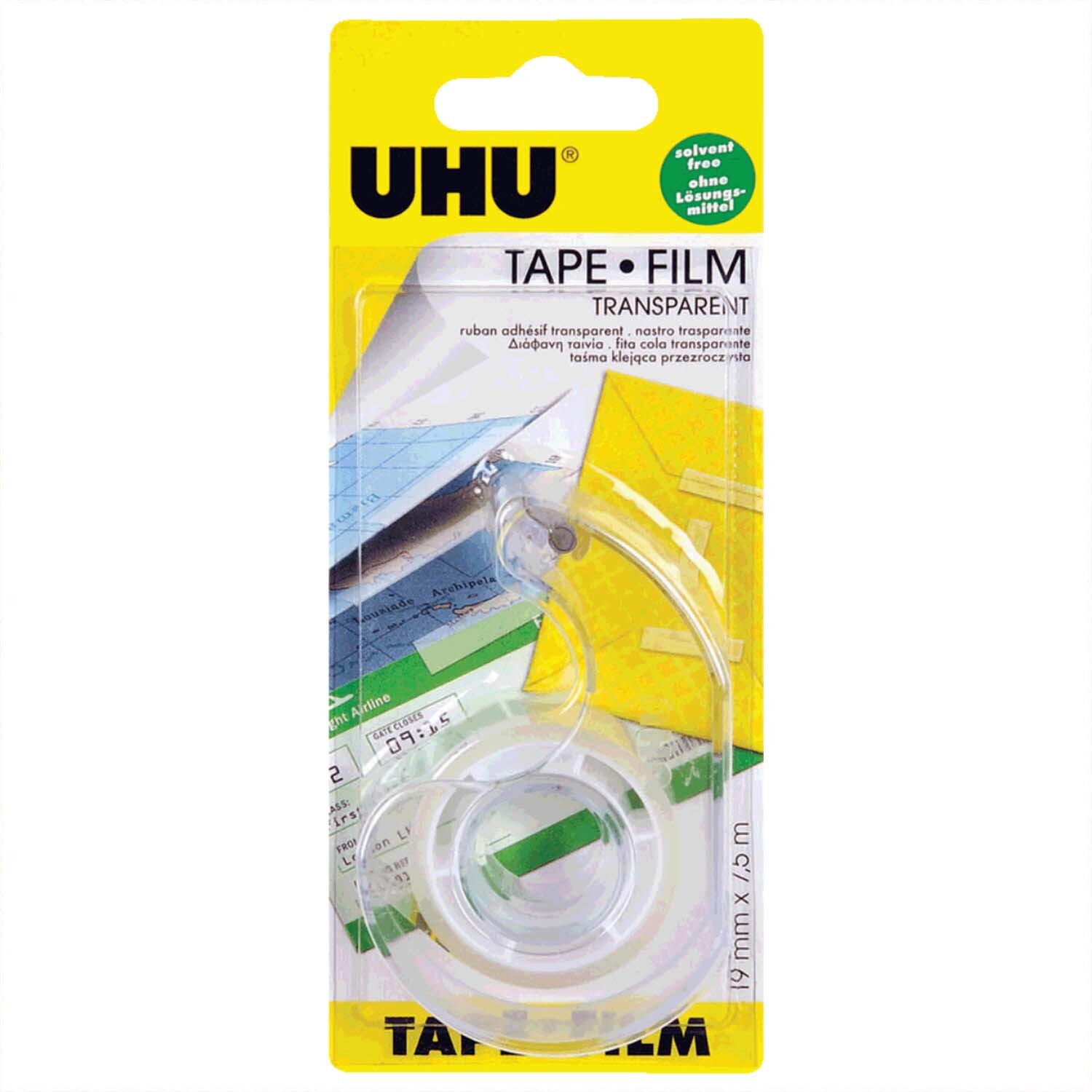 Abroller mit Klebeband transparent 19mm von UHU, verpackt in gelber Blisterverpackung mit sichtbarem Klebeband und Markenlogo.
