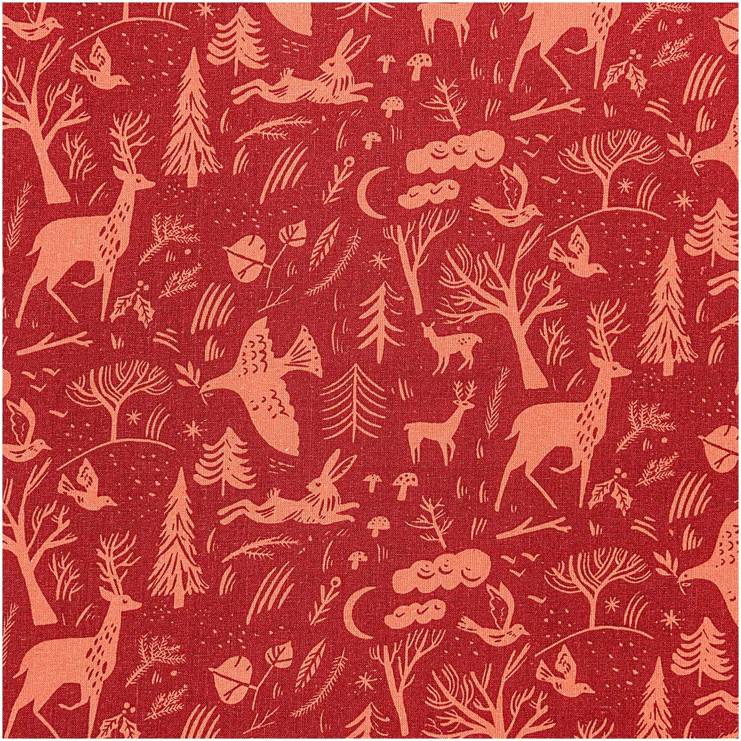 Druckstoff Nostalgic Christmas Winterwald zeigt rote Waldtiere und Bäume auf Stoff von Rico Design.