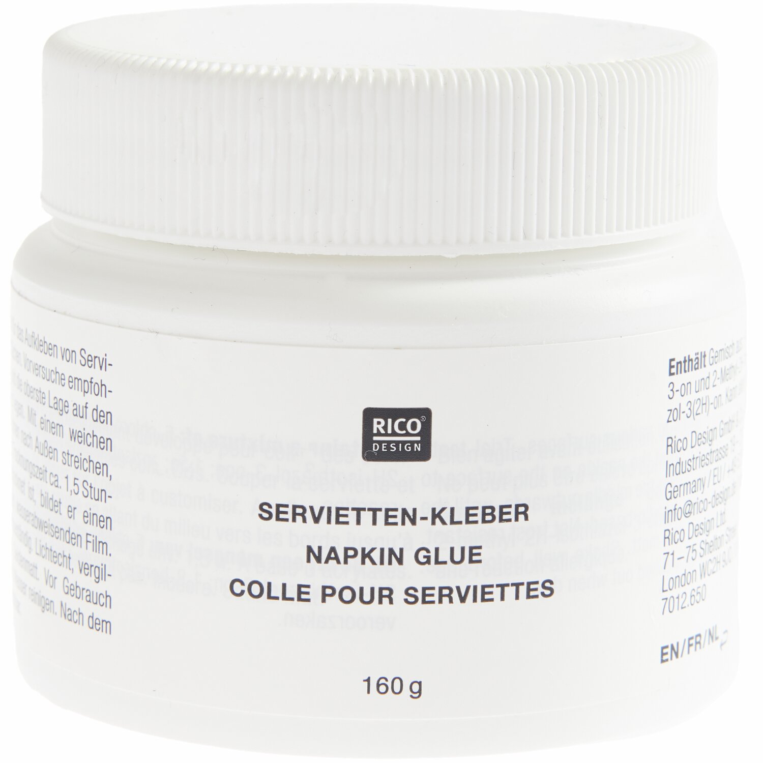 Serviettenkleber 160g von Rico Design in einem weißen Behälter, ideal für kreative Bastelprojekte.