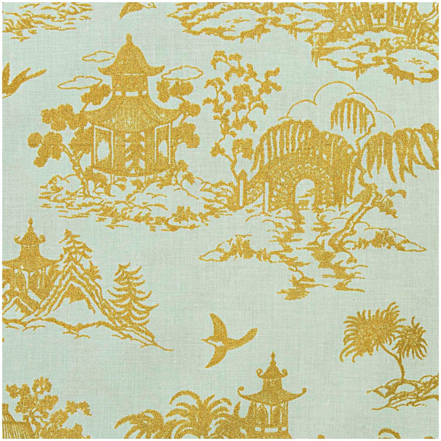 Stoff japanische Häuser mint-gold 50x140cm zeigt goldene Pagoden und Landschaften auf mintfarbenem Hintergrund. Ideal für kreative Nähprojekte.