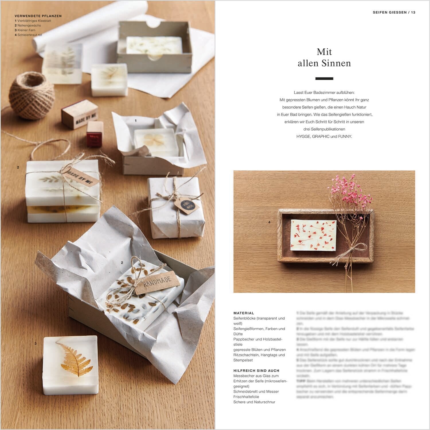 Made by Me Anleitungsheft Gepresste Blumen zeigt kreative Geschenkverpackungen mit gepressten Blumen auf einem Holztisch, präsentiert von Rico Design.