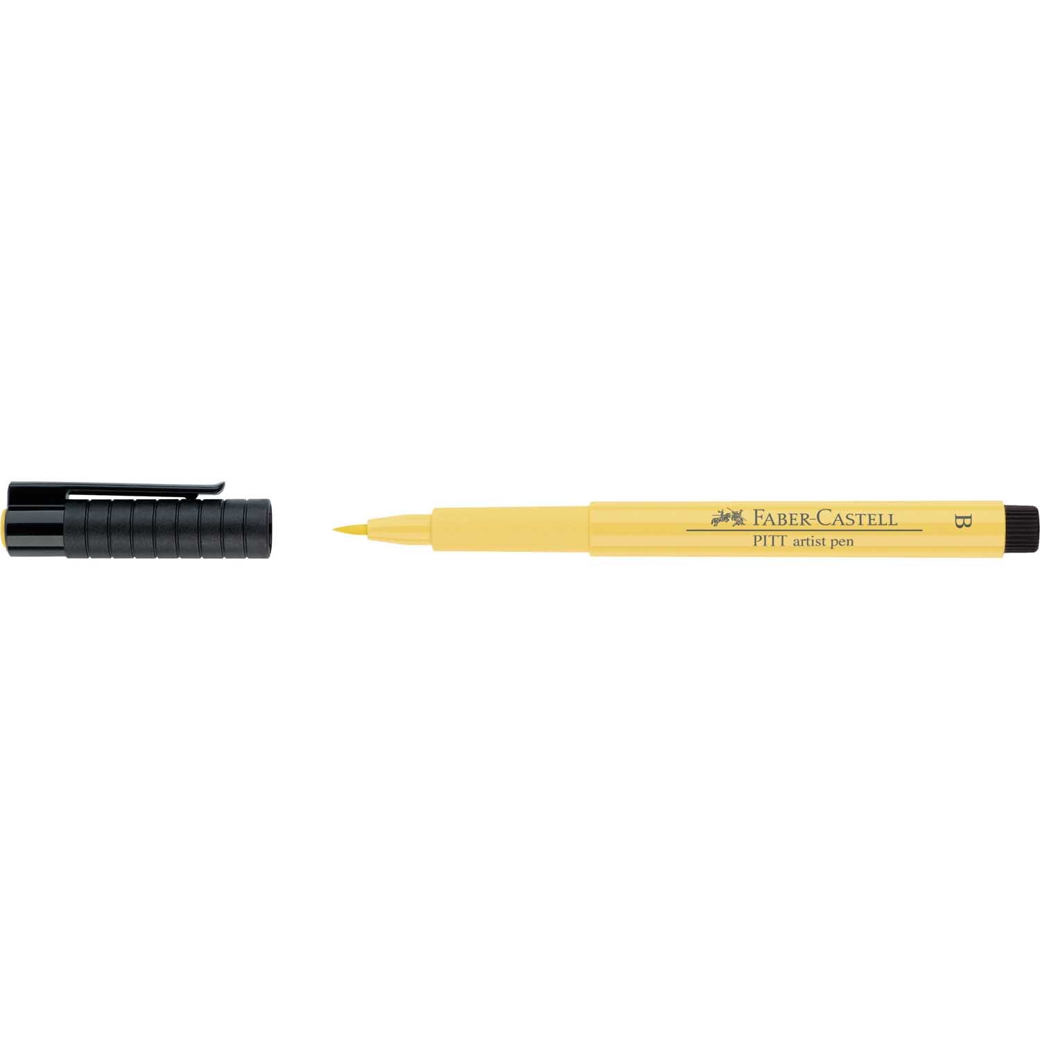 PITT artist pen brush in Kadmiumgelb dunkel von Faber Castell, mit abgenommenem schwarzen Deckel.