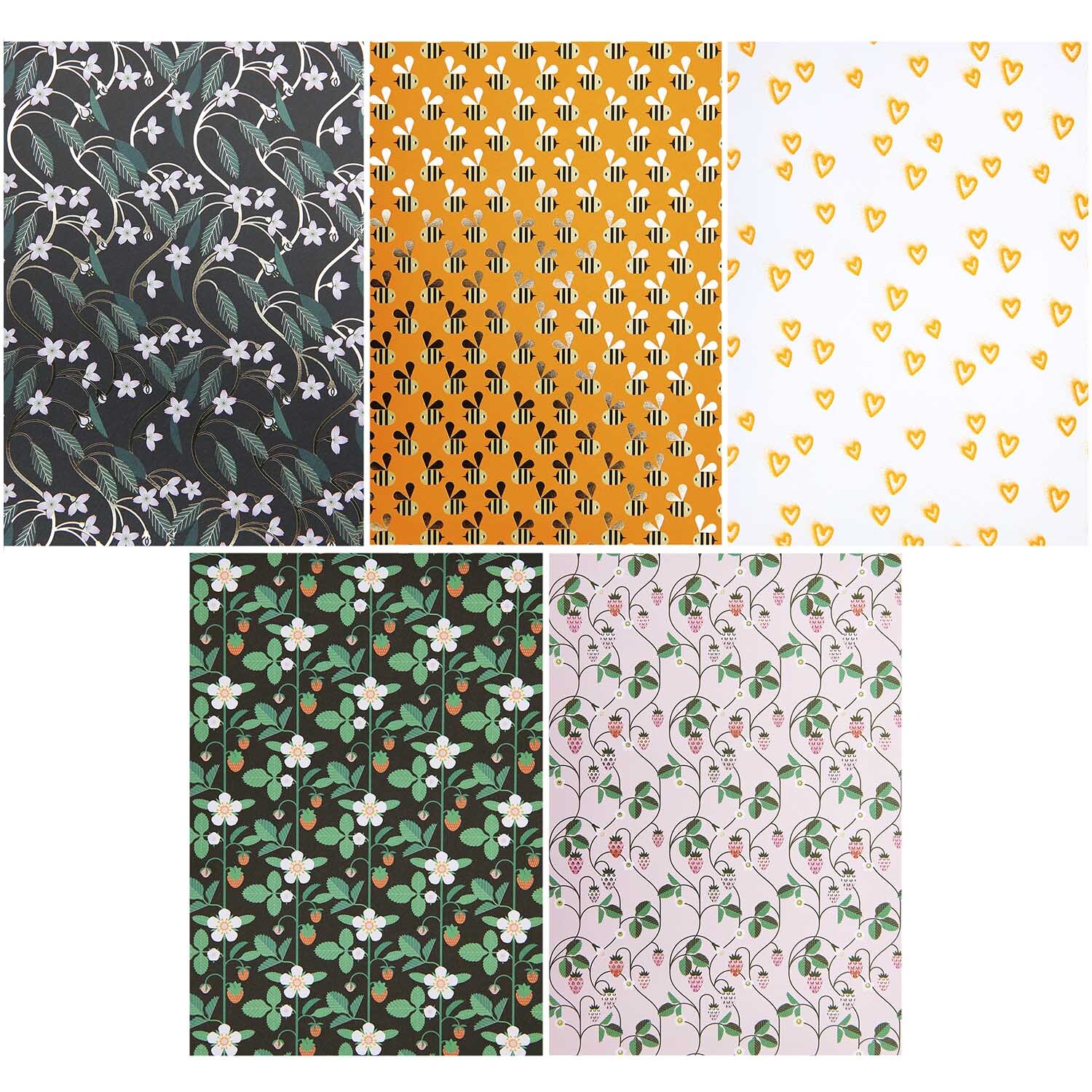 Motivpapierblock Just Bees + Fruits + Flowers 30 Blatt zeigt bunte Muster mit Bienen, Blumen und Früchten von Rico Design.