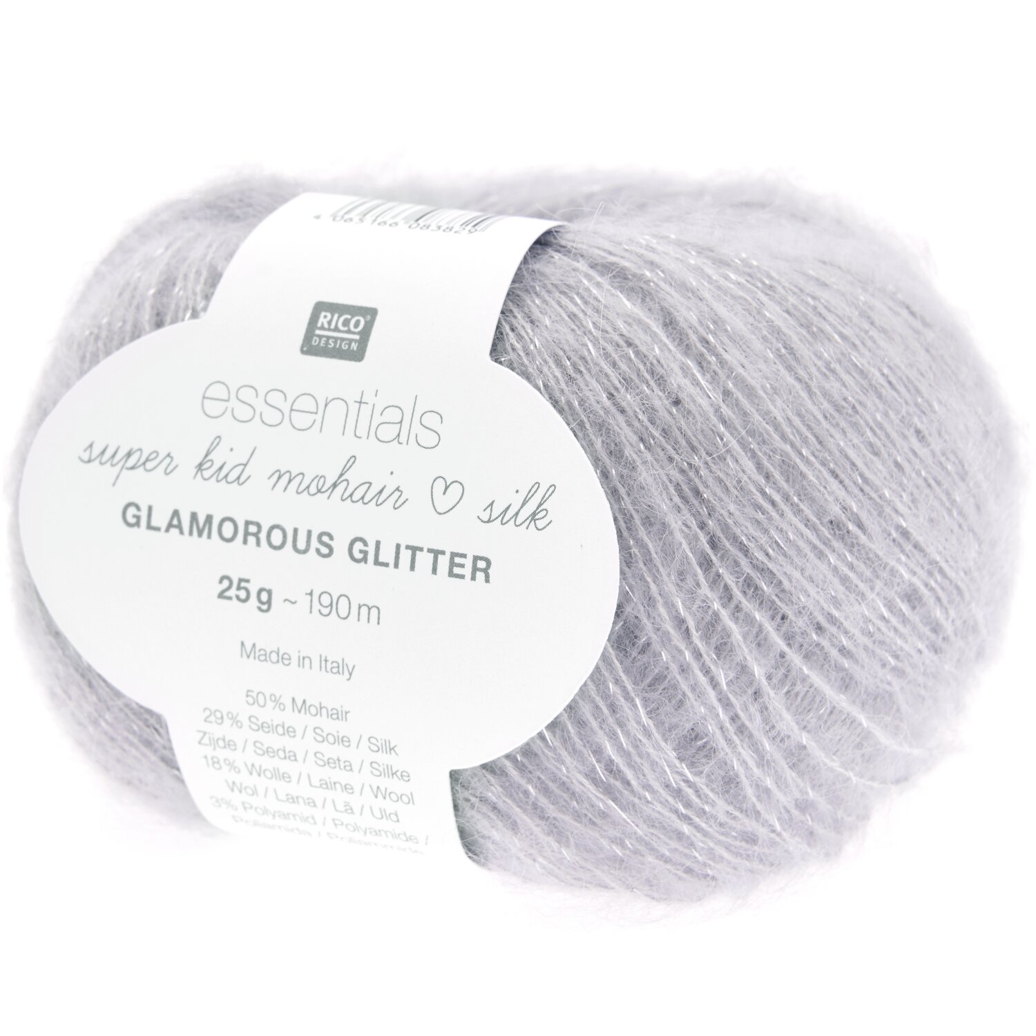 Essentials Super Kid Mohair Loves Silk Glamorous Glitter, lavendelfarbene Wolle von Rico Design, 25g 190m, ideal für elegante Strickprojekte.