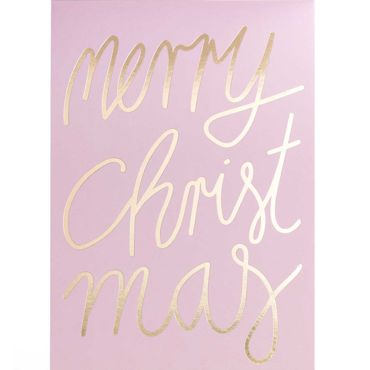 Paper Poetry Postkartenblock zeigt eine rosa Karte mit goldener Schrift "Merry Christmas". Marke: Rico Design. Ideal für festliche Grüße.