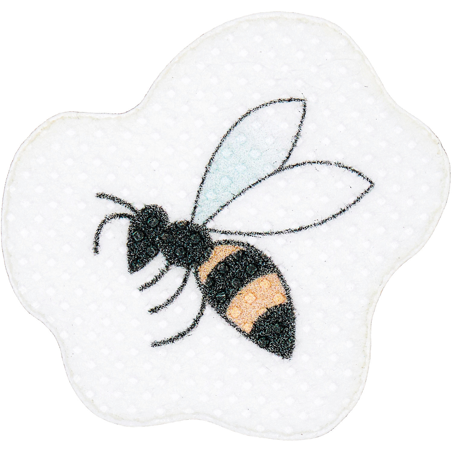 Stick and Stitch Blümchen: Gestickte Biene auf weißem Hintergrund, ideal für kreative Nähprojekte.