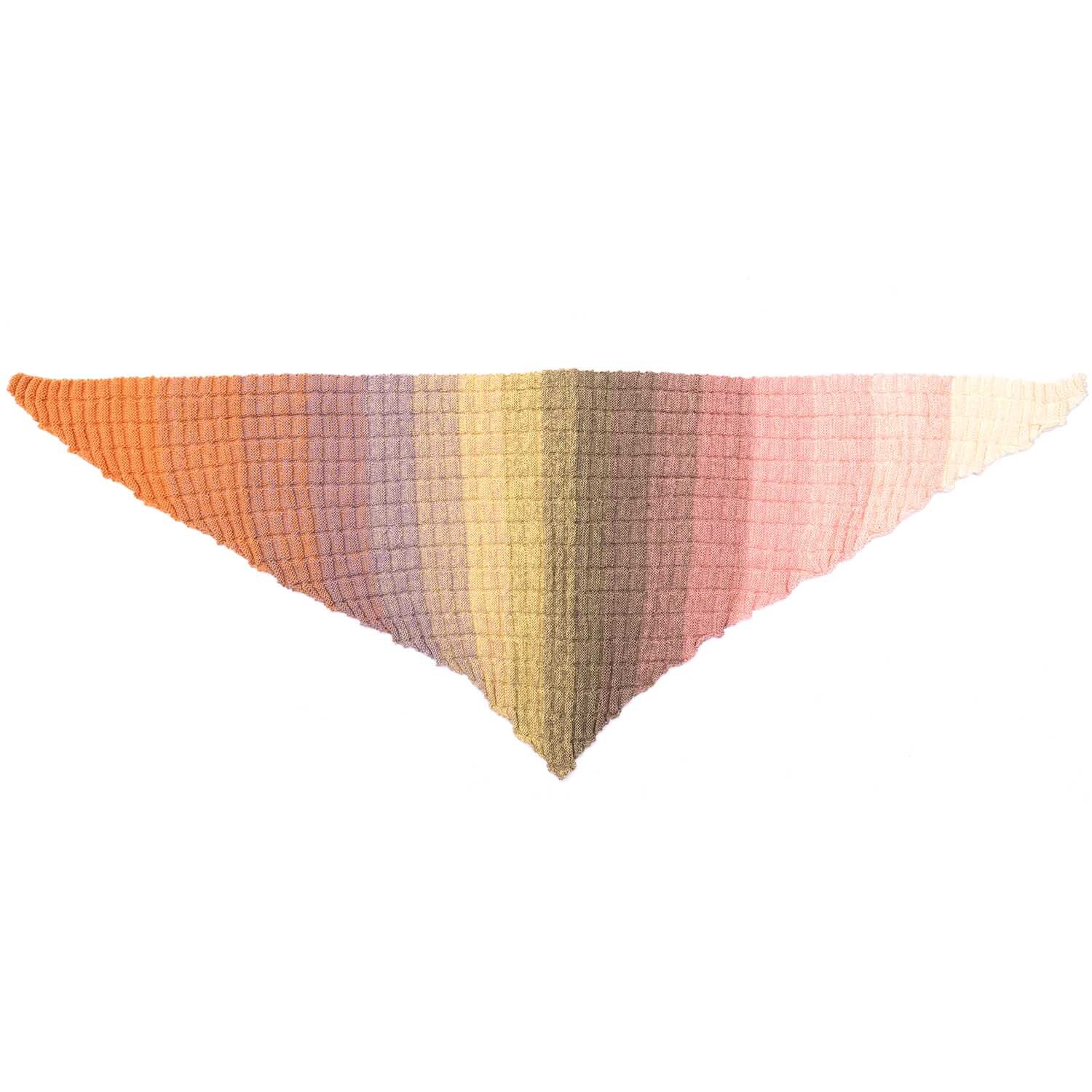 Creative Wool Dégradé Super6: Dreieckstuch in sanften Farbverläufen von Orange zu Rosa, gestrickt aus Rico Design Wolle.