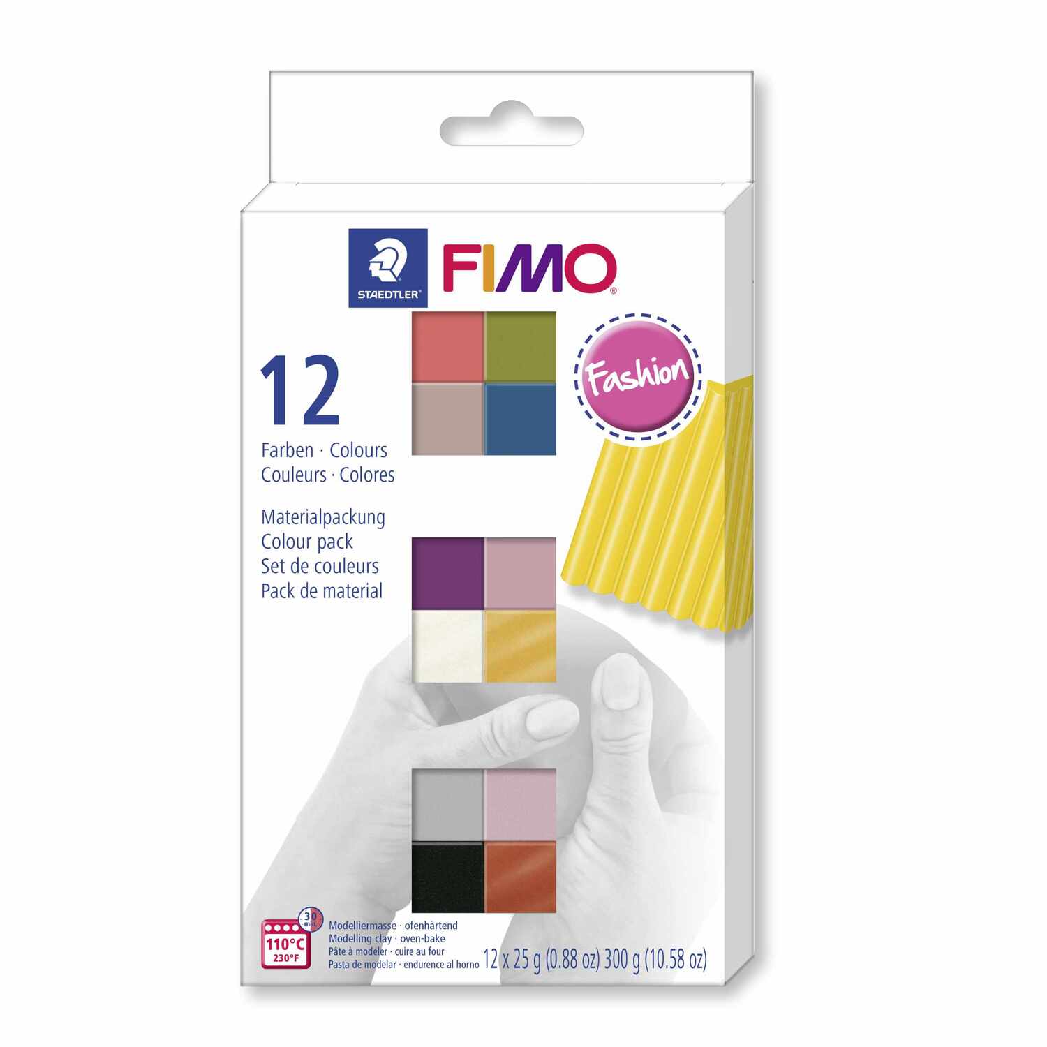 FIMO Soft Fashion 12 Halbblöcke je 25g von Staedtler, bunte Modelliermasse in verschiedenen Farben auf weißem Hintergrund.