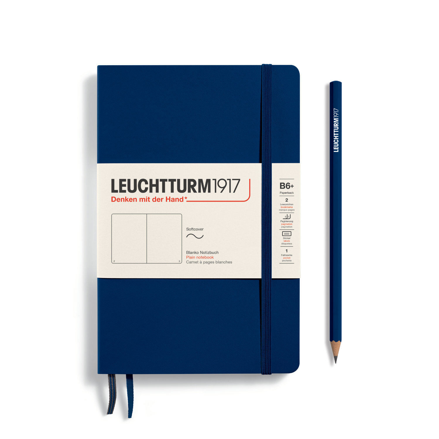 Notizbuch Paperback blanko Softcover B6 in Marine mit elastischem Verschlussband und passendem Stift von LEUCHTTURM1917.