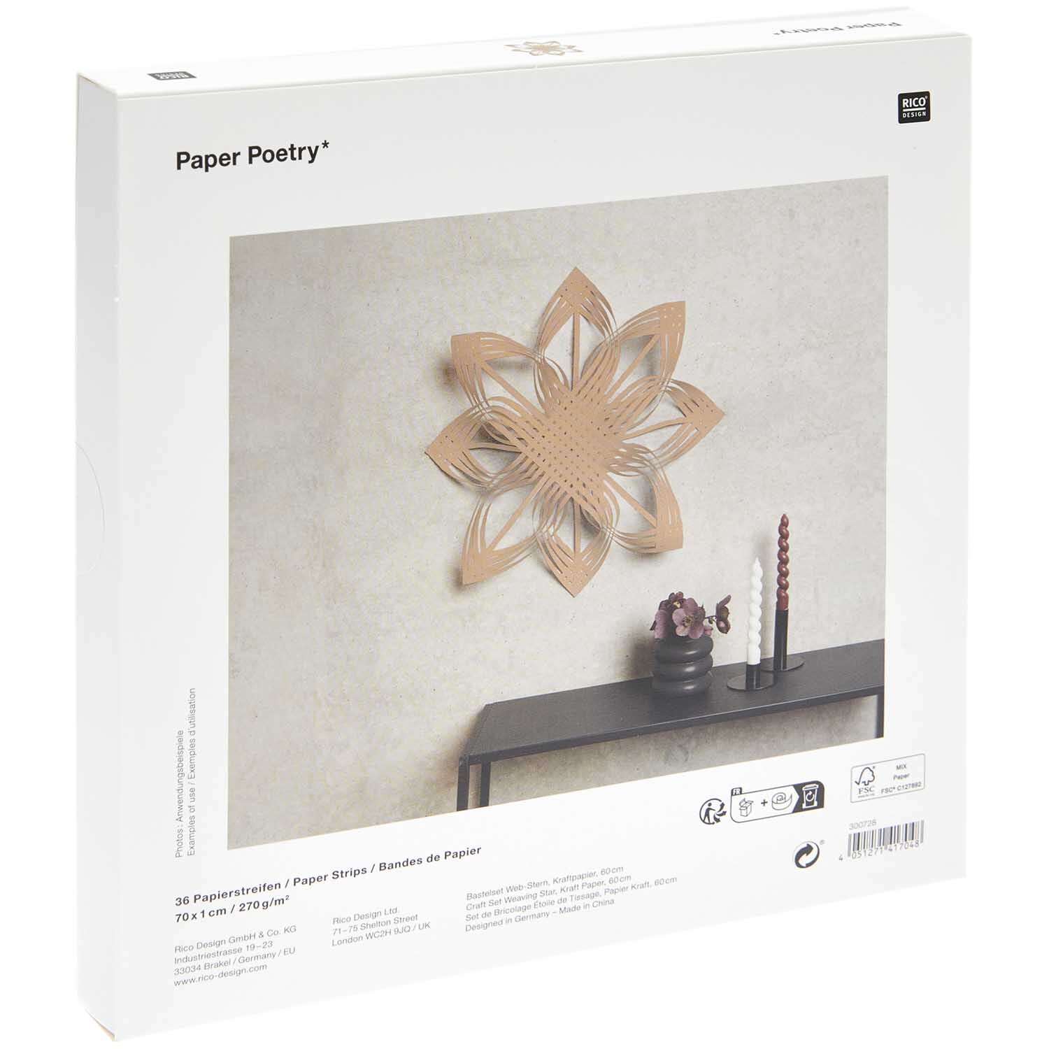 Paper Poetry Web-Stern Größe L aus Kraftpapier von Rico Design, dekorativ an einer Wand montiert.