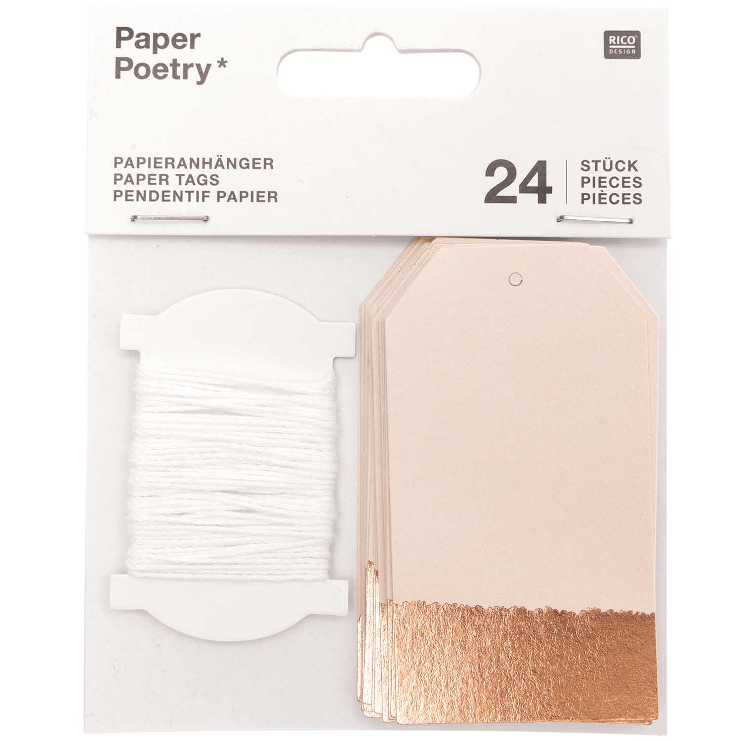 Paper Poetry Papieranhänger in Weiß-Roségold, 24 Stück, ideal für kreative Bastelprojekte. Enthält auch eine Rolle weißer Schnur.