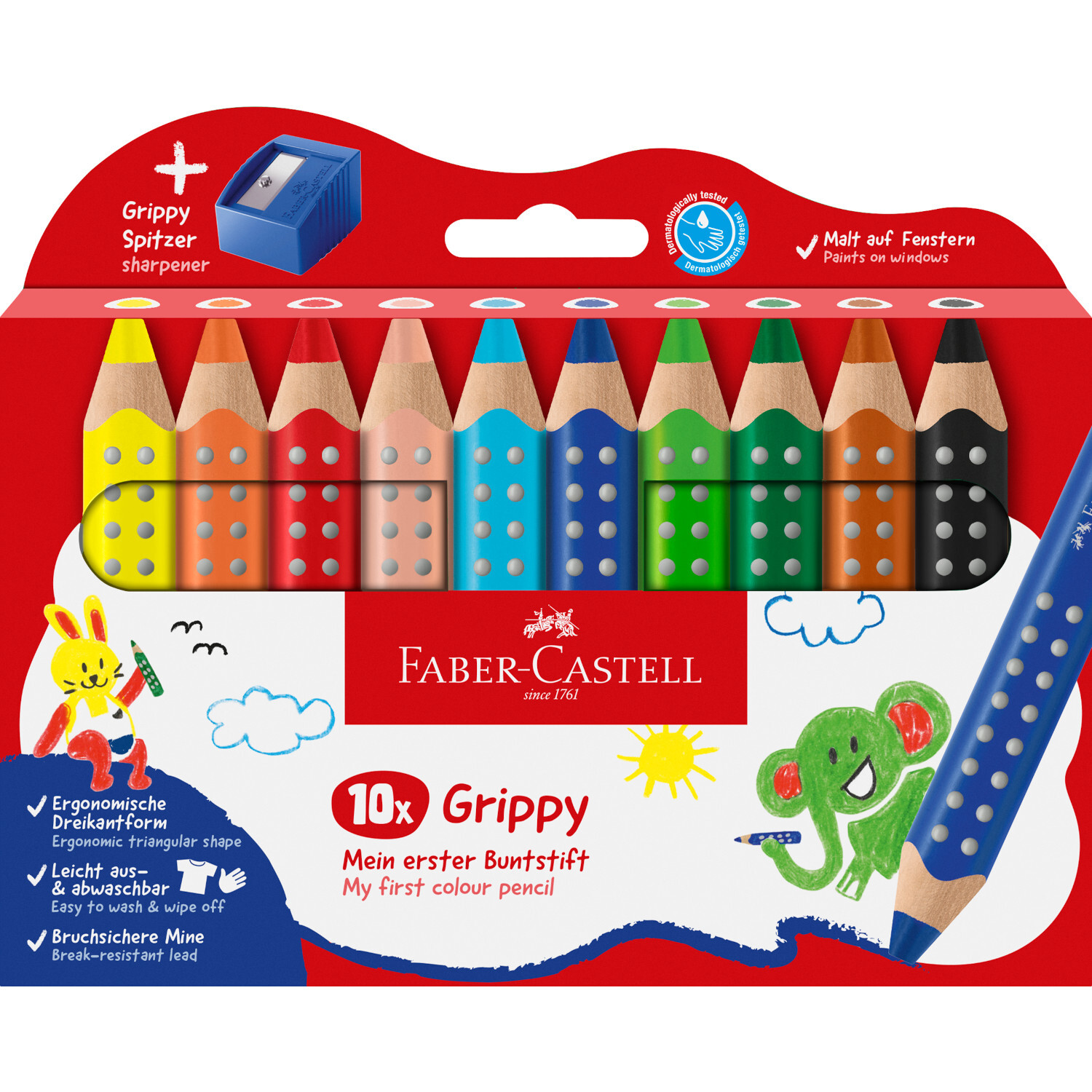 Buntstift Grippy Set + Spitzer, 11-teilig, Faber Castell. Enthält bunte Stifte und blauen Spitzer. Ergonomisches Design für Kinder.