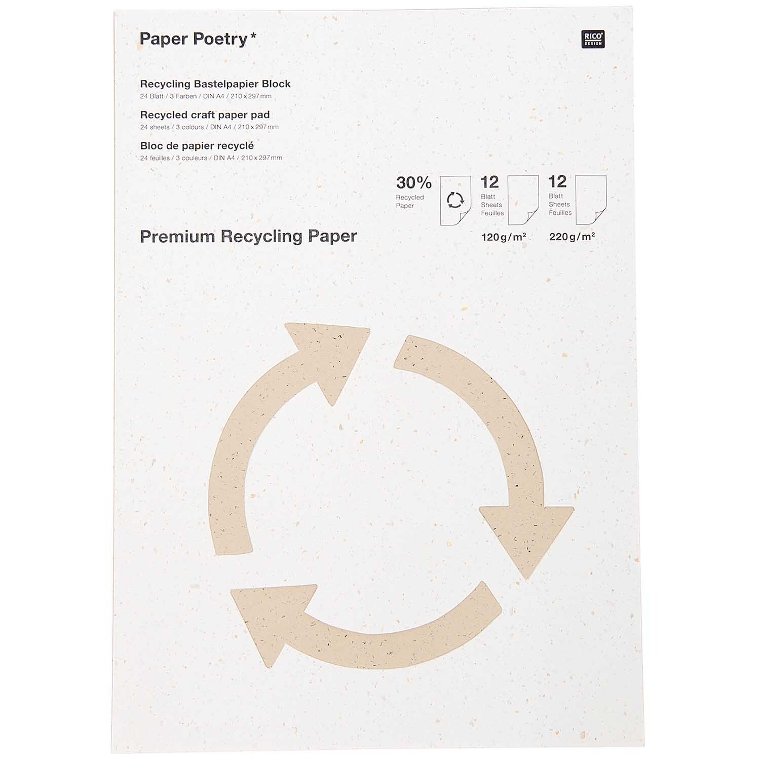 Paper Poetry Premium Bastelblock zeigt ein Recycling-Symbol auf weißem Papier von Rico Design.