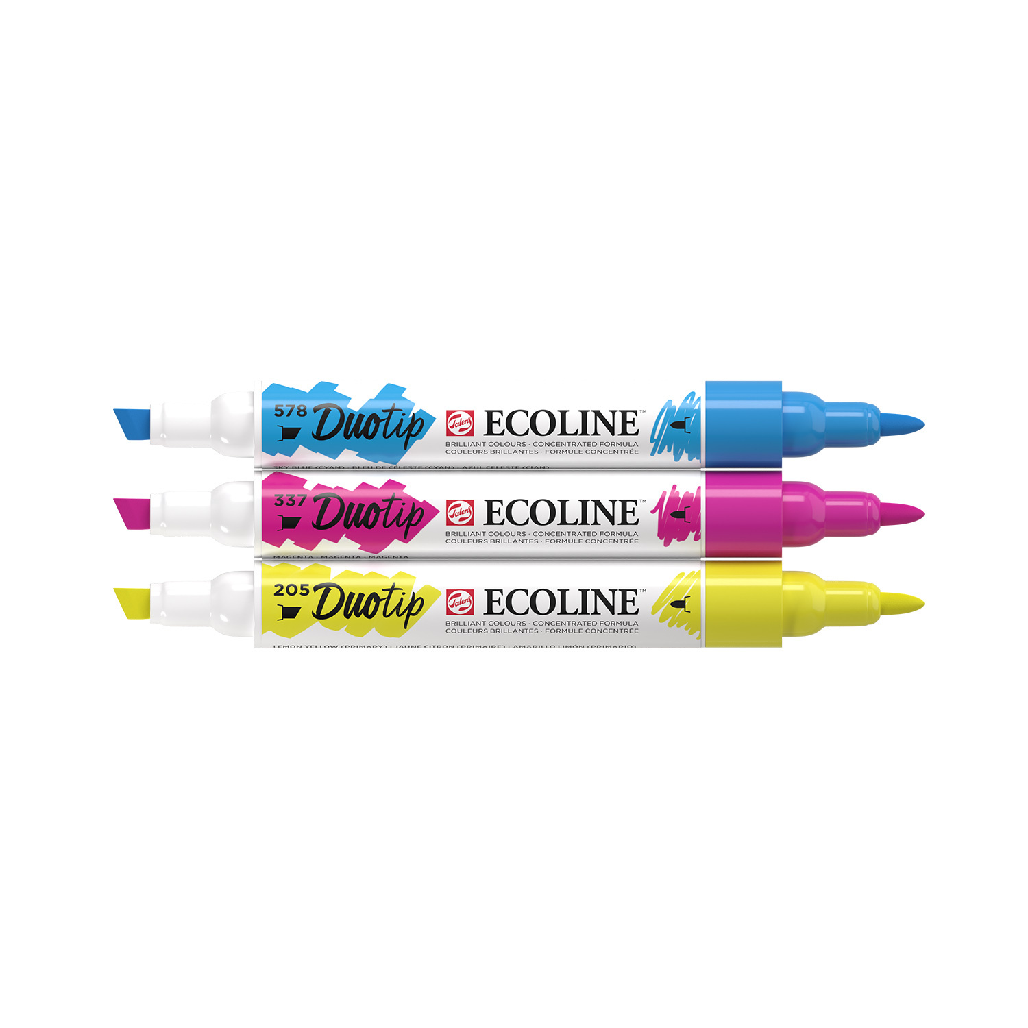 Ecoline Duotip Set Primärfarben, 3 Stück, ROYAL TALENS. Marker in Blau, Pink und Gelb mit doppelter Spitze für vielseitige Anwendungen.