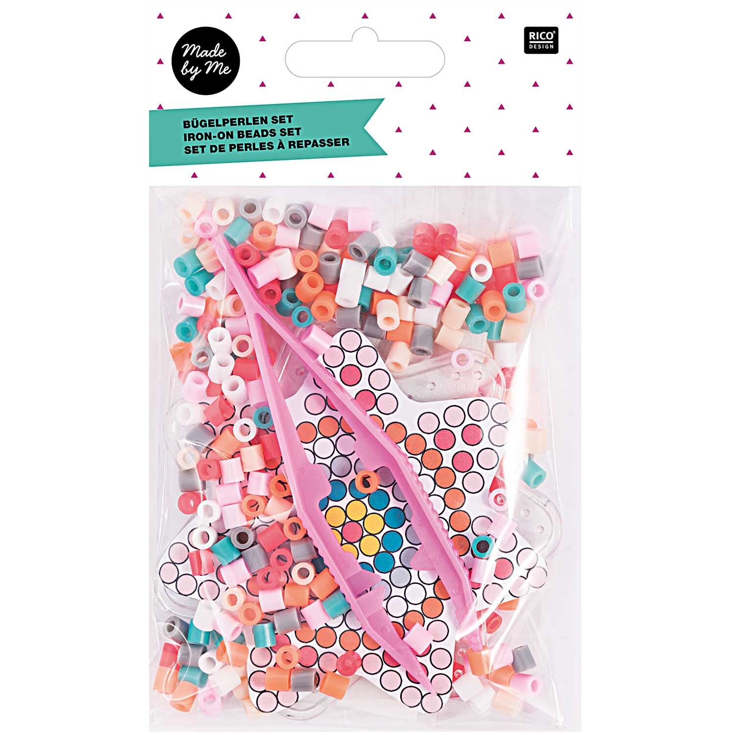 Bügelperlen Set Blume mit bunten Perlen und pinker Pinzette, ideal für kreative Bastelprojekte. Marke: Rico Design.