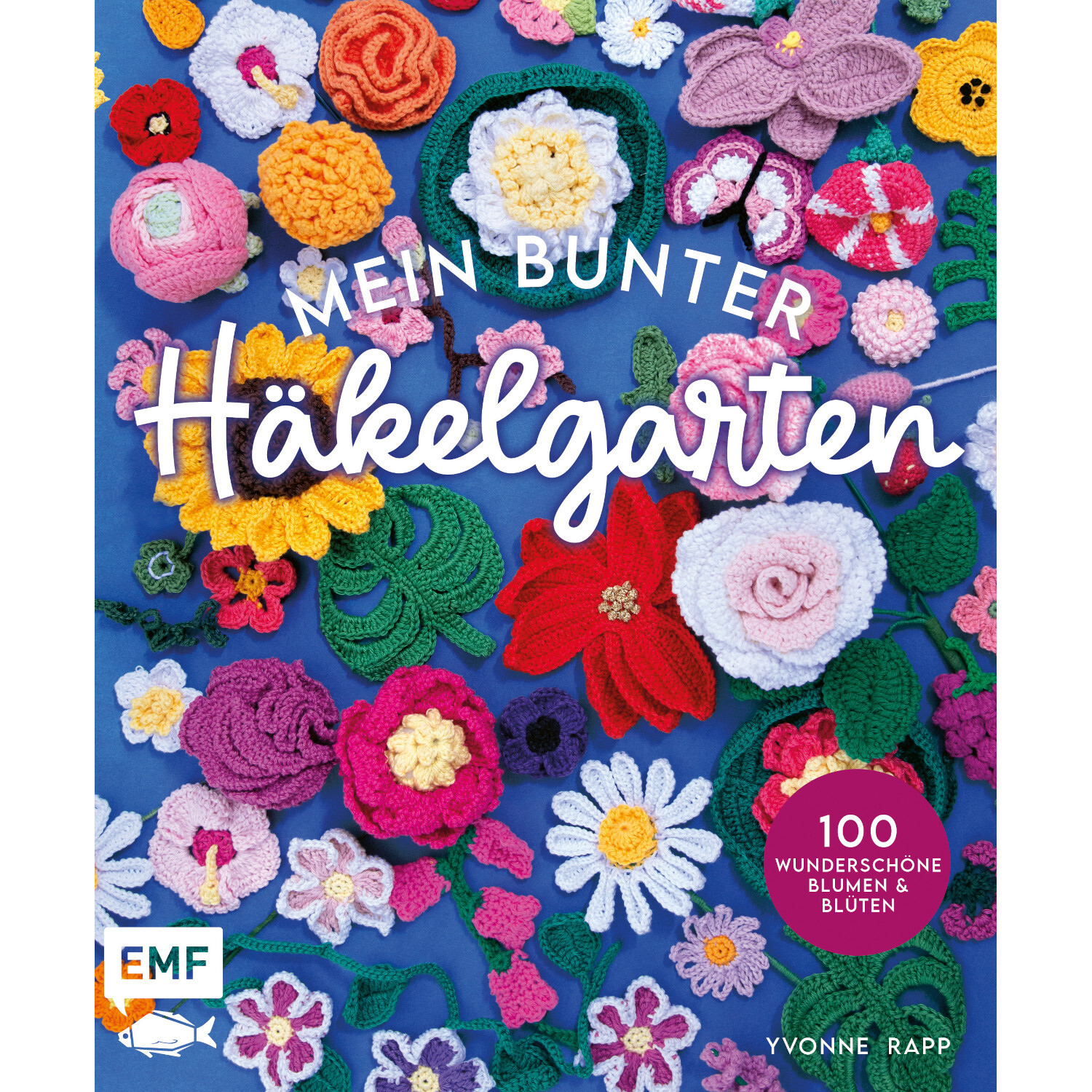 Mein bunter Häkelgarten zeigt farbenfrohe, gehäkelte Blumen auf blauem Hintergrund, EMF.