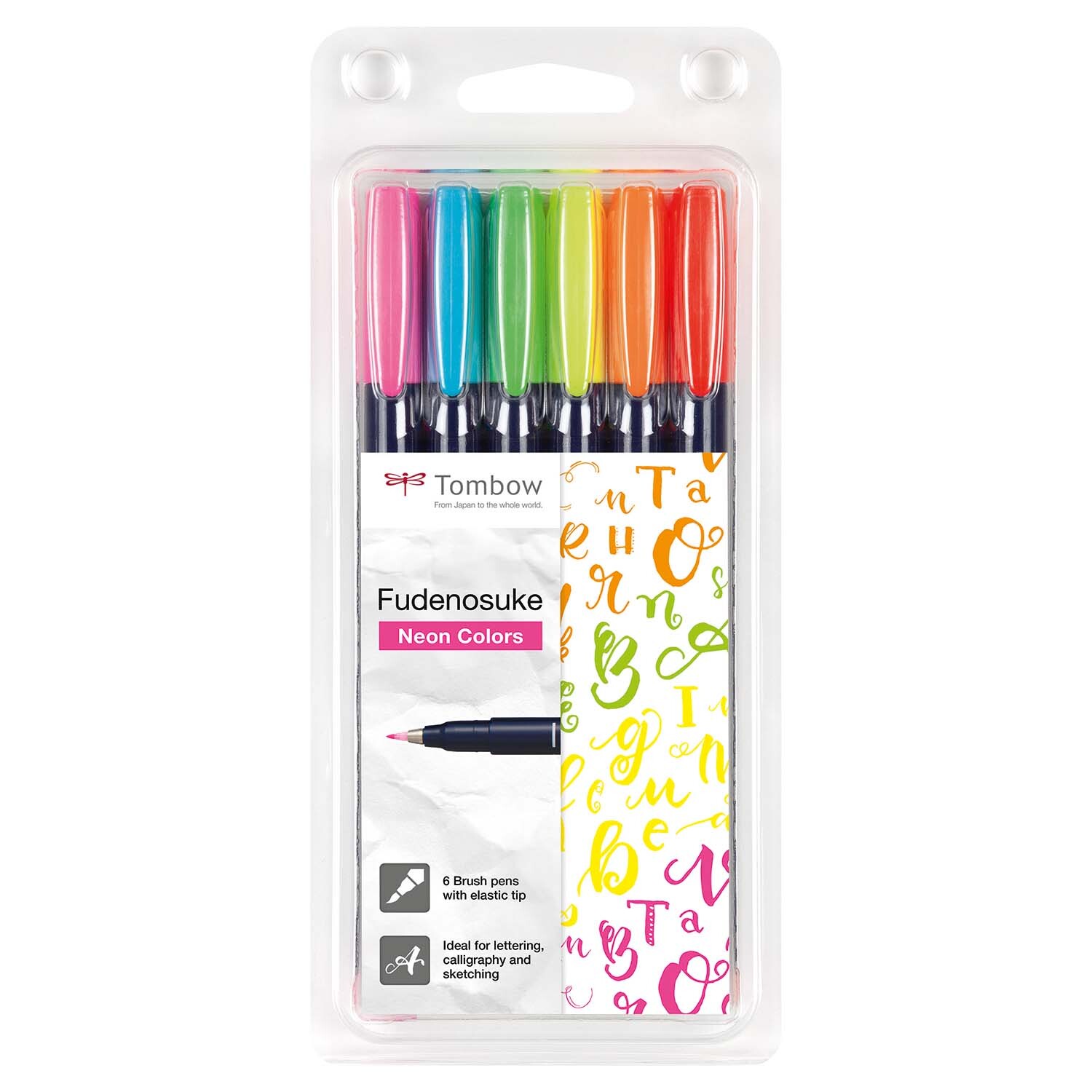 Fudenosuke Brush Pens neon, 6-teilig, ideal für Kalligraphie, in einer transparenten Verpackung.