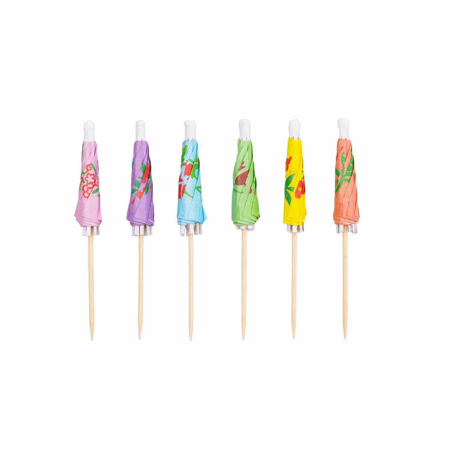 Picker Schirmchen floral 8,3cm 12 Stück von Rico Design: Bunte Cocktail-Schirmchen mit floralen Mustern in verschiedenen Farben auf Holzstäbchen.
