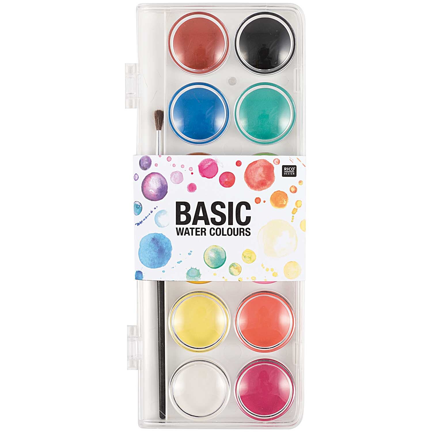 Basic Water Colours Wasserfarbkasten mit 12 leuchtenden Farben von Rico Design, inklusive Pinsel. Ideal für kreative Projekte.