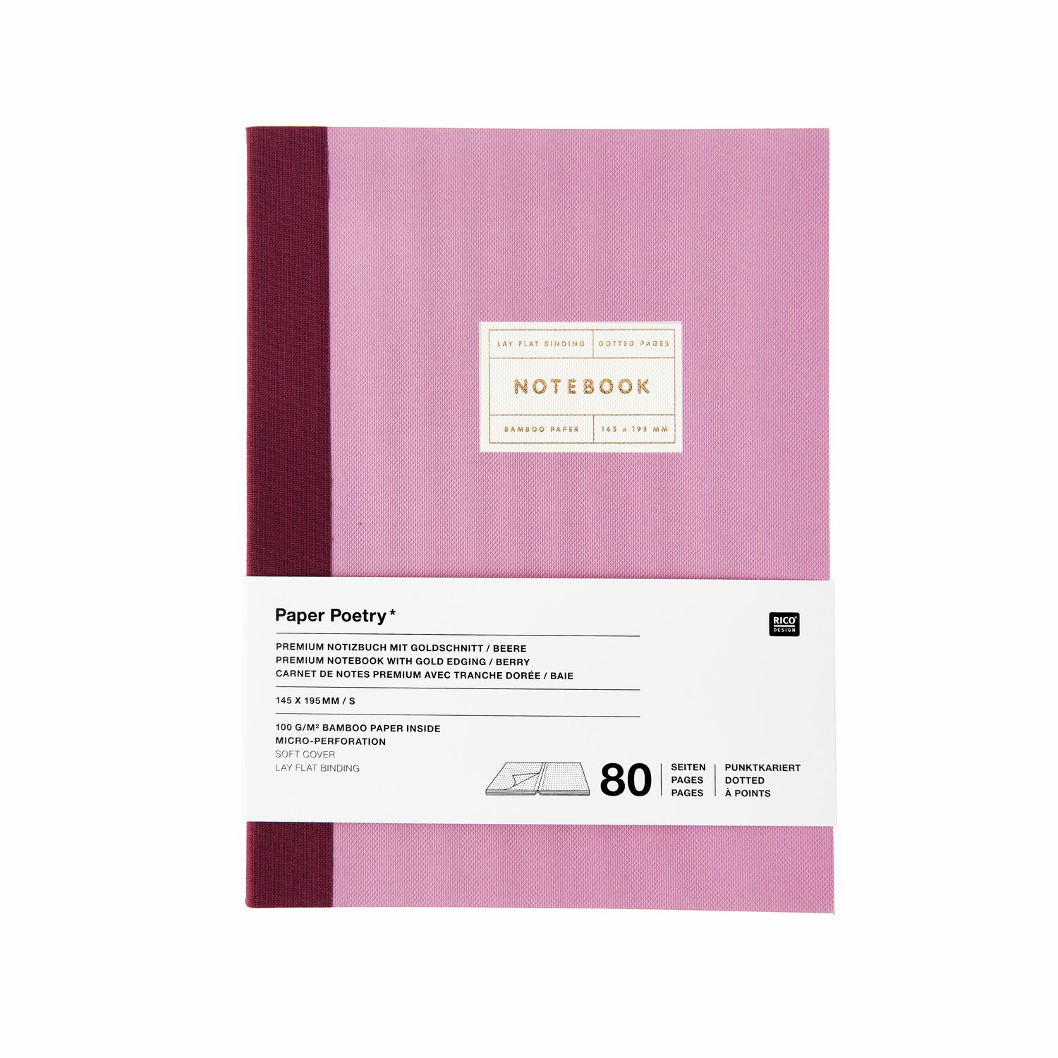Paper Poetry Notizbuch S in Beere mit Goldrand, 80 Seiten, ideal für Notizen und Skizzen.
