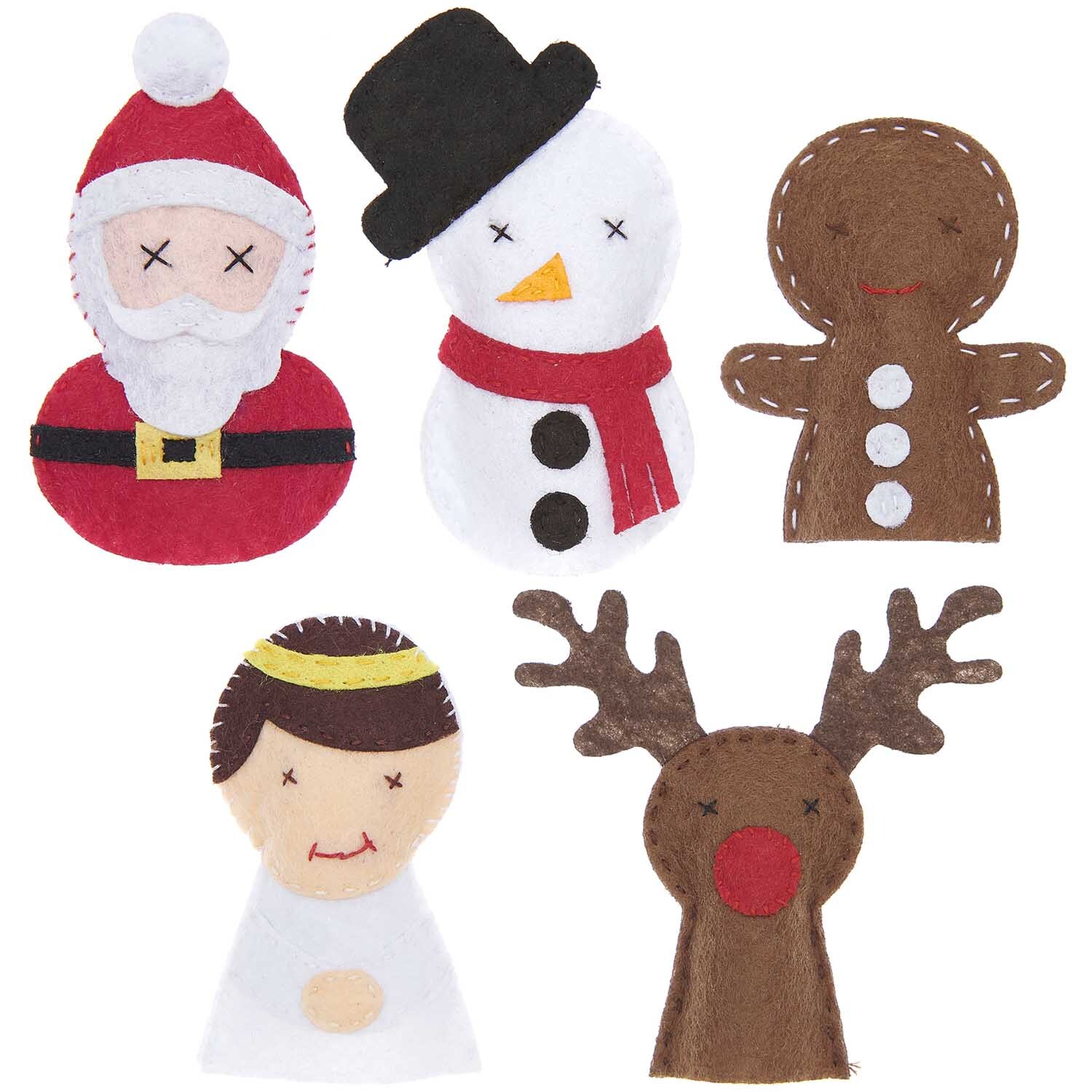 Bastelset Filz Fingerpuppen Weihnachten 5 Stück zeigt bunte Weihnachtsfiguren aus Filz von Rico Design.