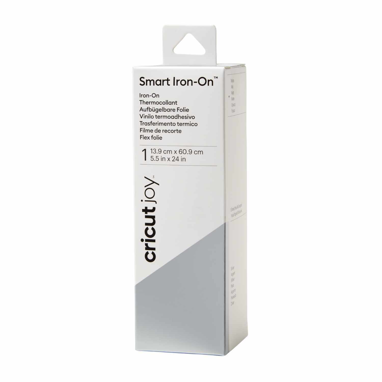 Joy Smart Iron On Bügelfolie in Silber, 13,9x60,9cm, verpackt in einer schlichten, weißen Box. Ideal für kreative Projekte.