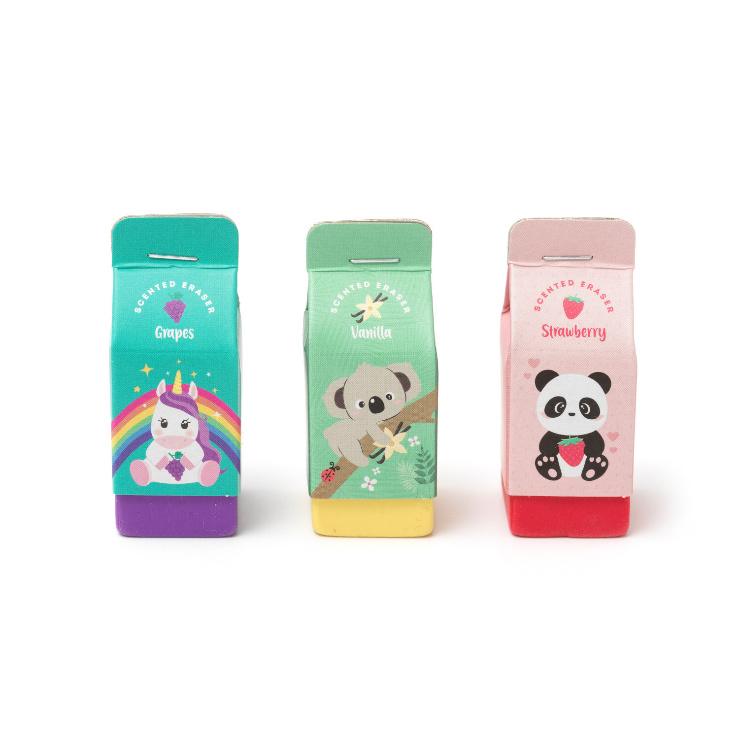 Radiergummi-Set 3 Stück von Legami mit bunten Tiermotiven: Einhorn, Koala und Panda.