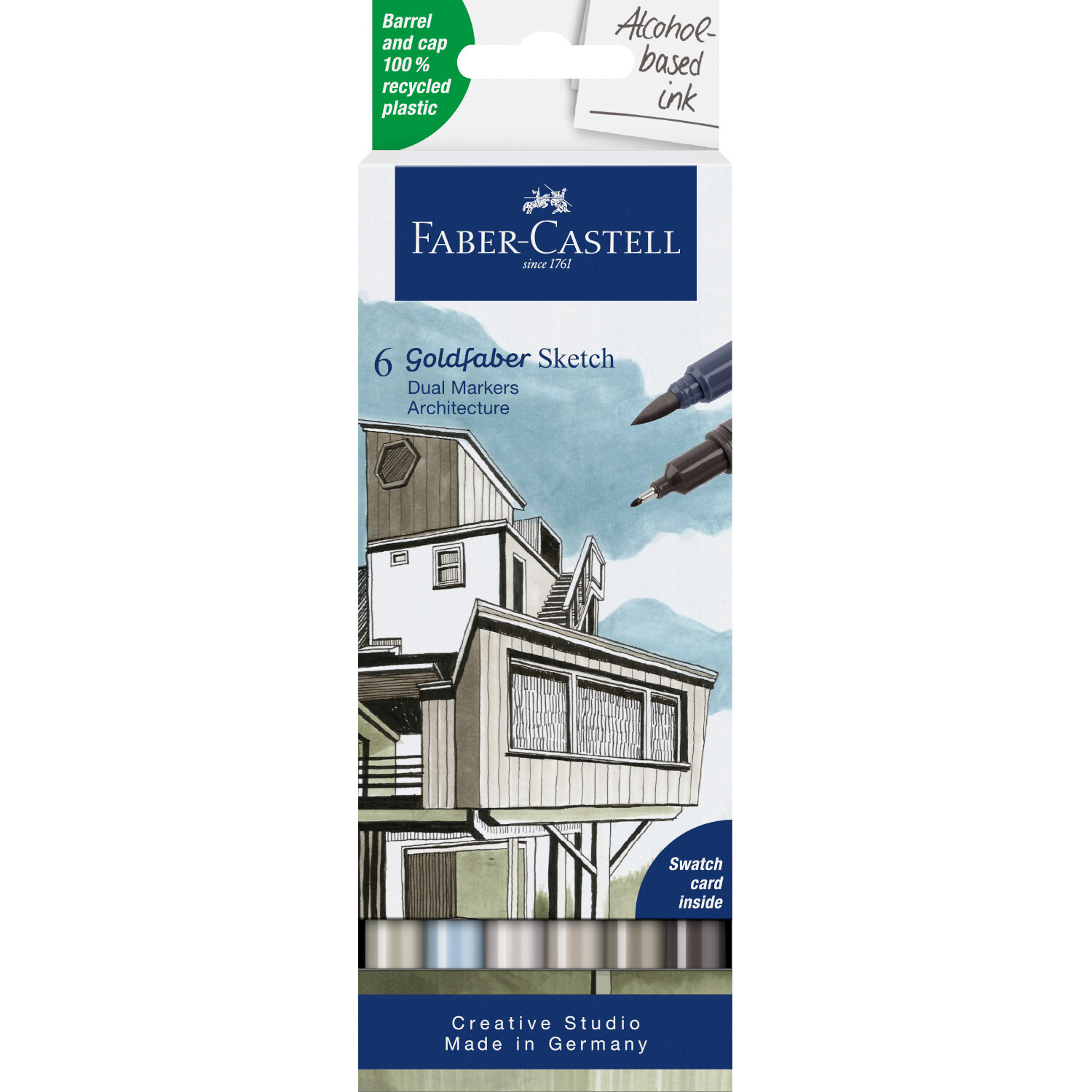 Goldfaber Sketch Marker Architekt Set mit 6 Markern von Faber Castell, ideal für Architekturzeichnungen. Verpackung zeigt modernes Gebäude.