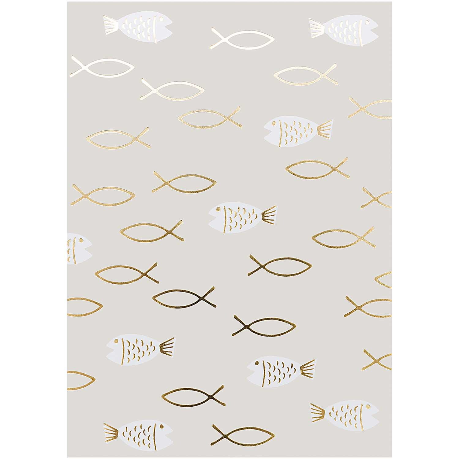 Paper Poetry Postkartenblock mit Fisch- und Ichthys-Motiven in Gold und Weiß, ideal für Kommunion und Konfirmation. Marke: Rico Design.