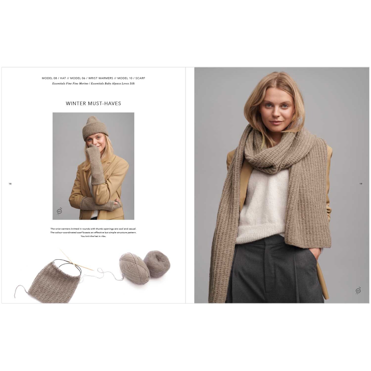 Top Down Knitting Special 2 englisch: Frau in beigem Schal und Pullover von Rico Design, lässig posierend.