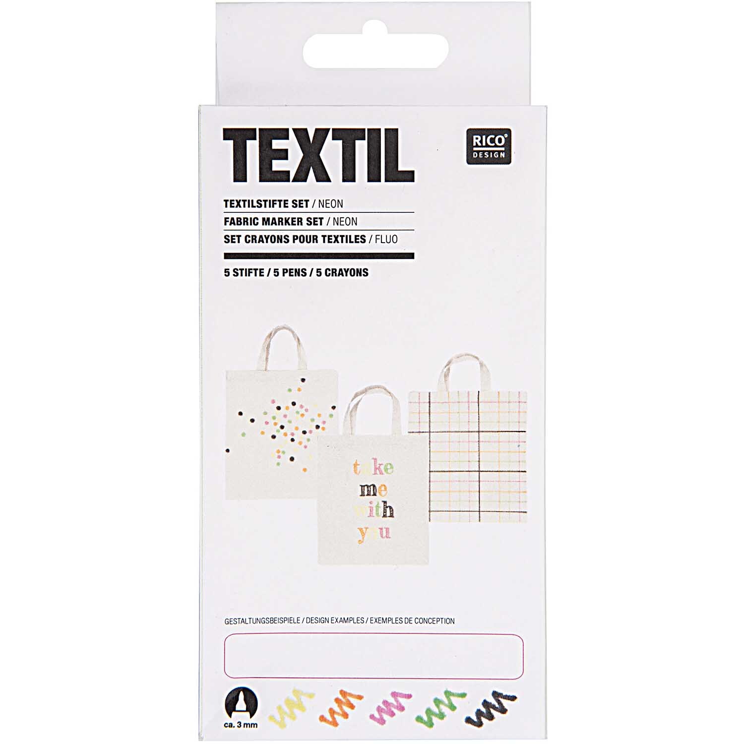 Textilstifte neon 5 Stück von Rico Design in einer Verpackung mit drei dekorativen Designs.