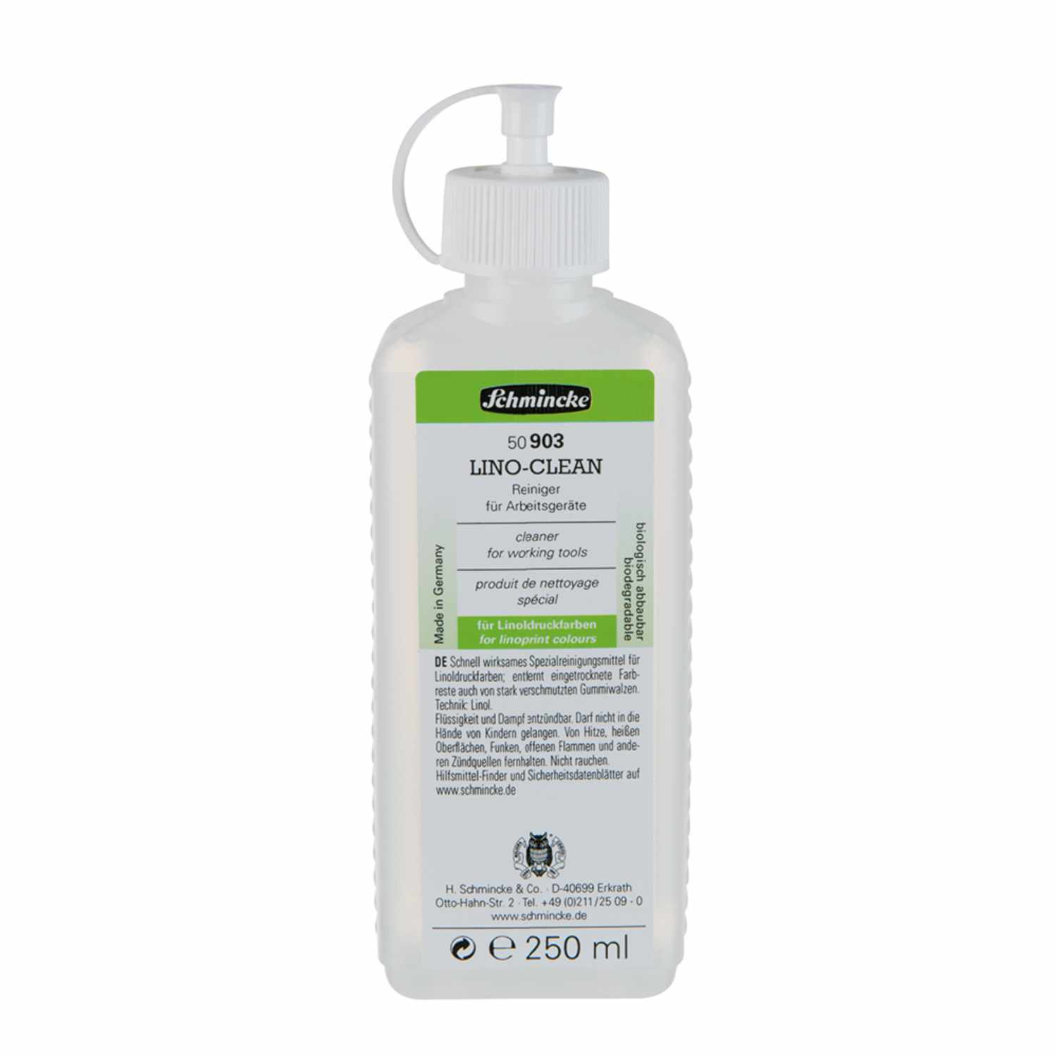 Lino Clean Reiniger von Schmincke in einer 250ml Flasche mit praktischem Dosieraufsatz.
