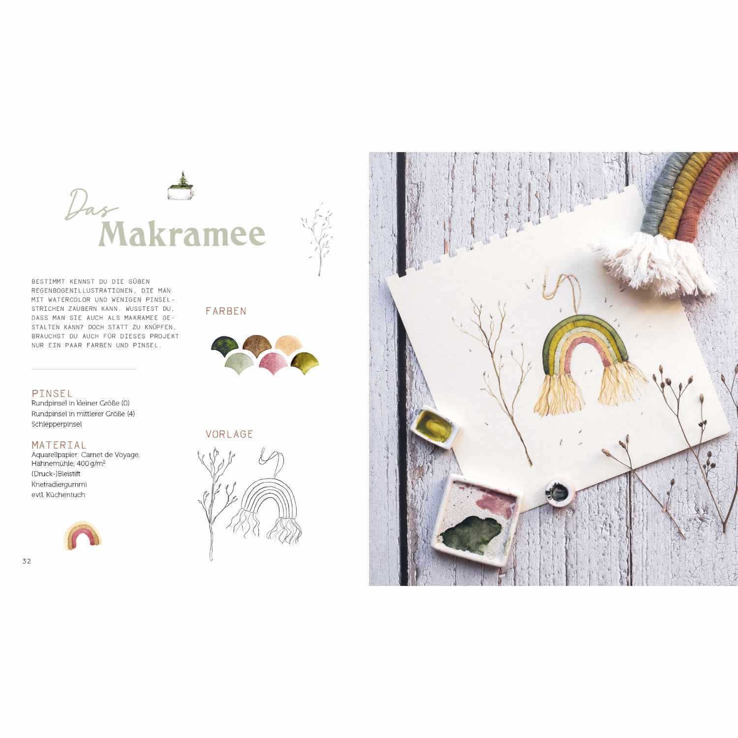 Boho Watercolor: Aquarellbild mit Regenbogen und Makramee auf Holzuntergrund, EMF.