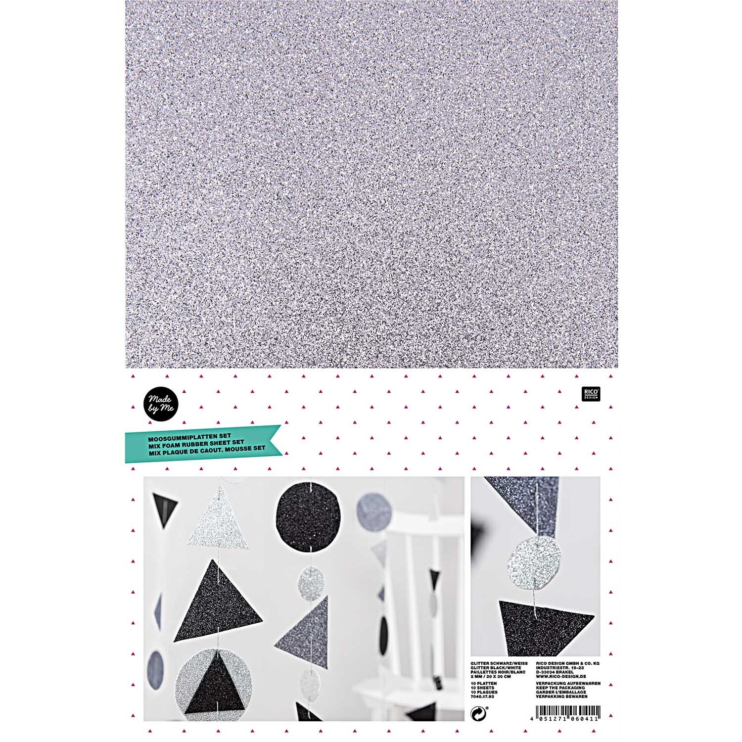 Moosgummi schwarz-weiß 2mm 20x30cm 10 Platten mit geometrischen Mustern von Rico Design. Ideal für kreative Bastelprojekte.