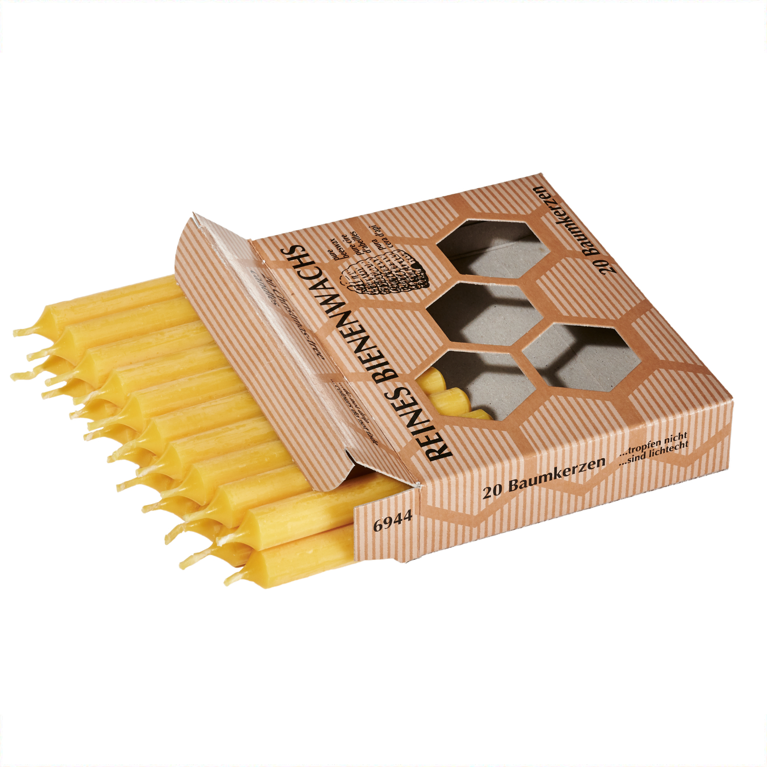 Bienenwachs-Baumkerzen 10x1,3cm, 20 Stück in gelber Farbe, präsentiert in geöffneter Verpackung.