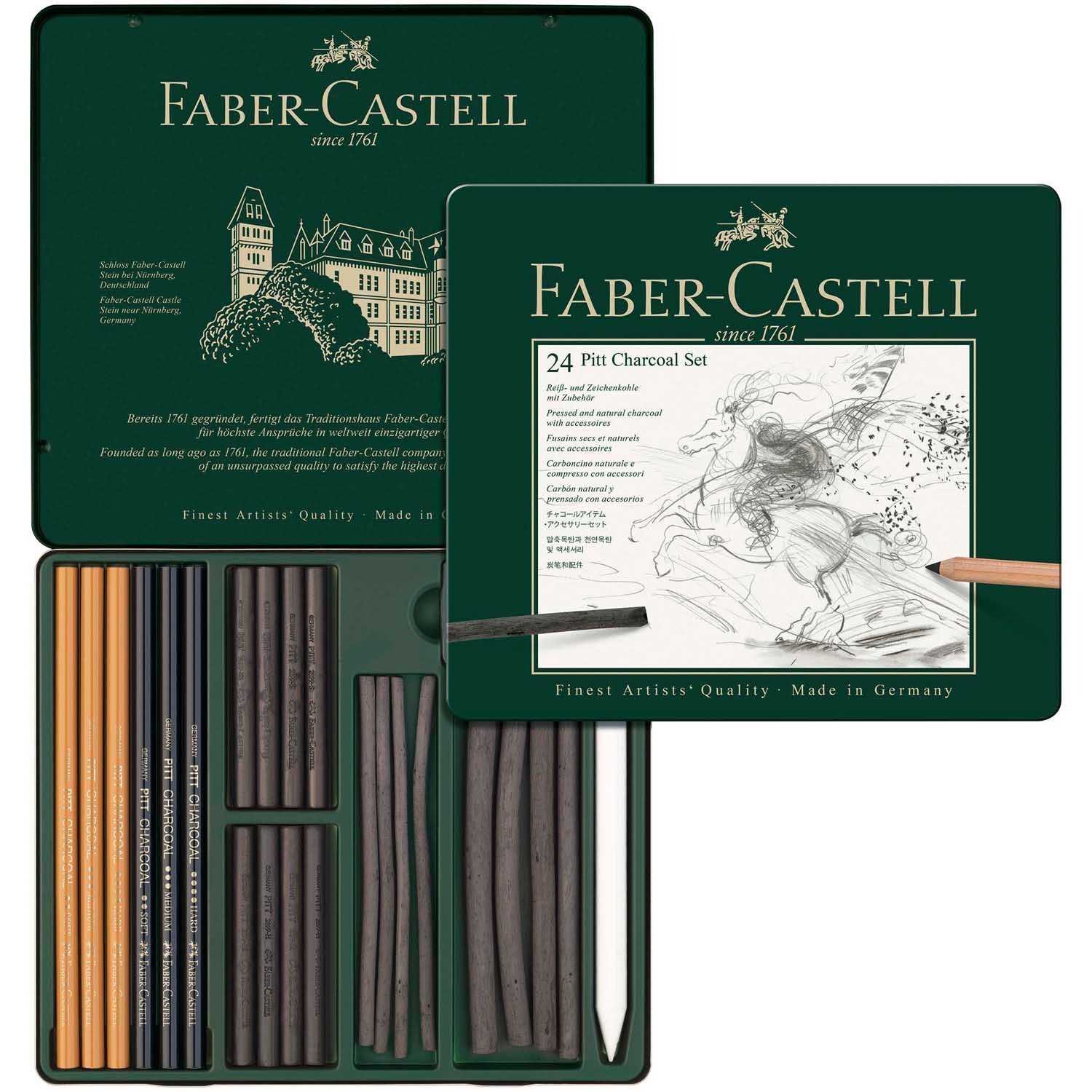 Pitt Charcoal Kohleset von Faber Castell, 24-teilig, zeigt eine geöffnete Box mit Kohle- und Graphitstiften.