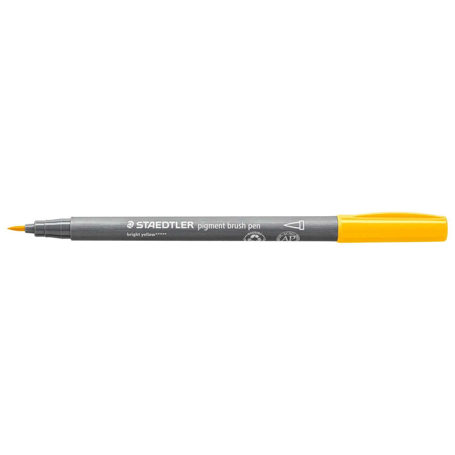 Pigment Brush Pen von Staedtler in sonnengelb. Der Stift hat eine feine Spitze und einen grauen Schaft.