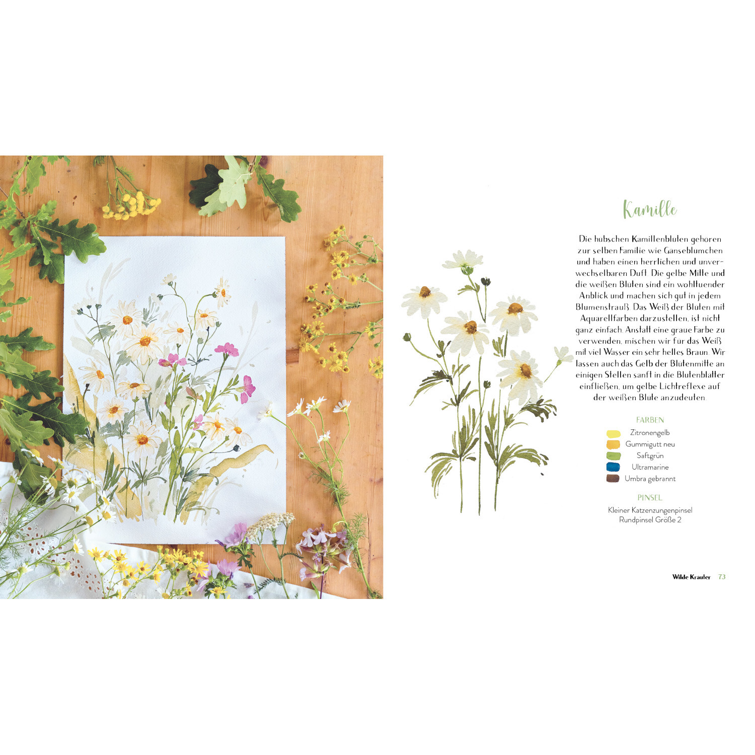 Wildflower Watercolor - Blumen Aquarelle malen: Aquarellbild von Blumen auf Holzuntergrund, umgeben von echten Blüten und Blättern.