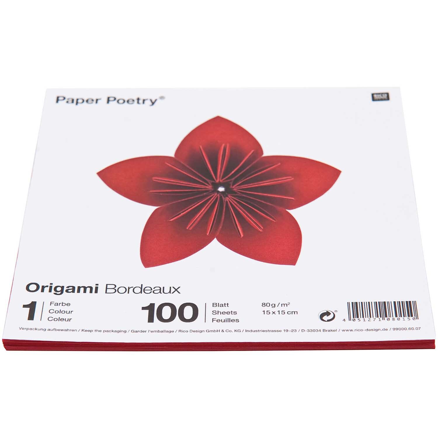 Paper Poetry Origami bordeaux 15x15cm, 100 Blatt, zeigt eine rote Origami-Blume auf der Verpackung.