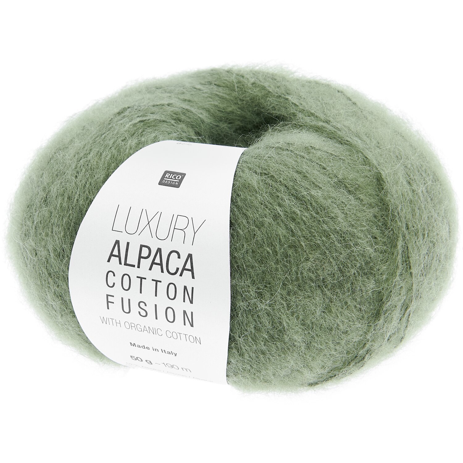 Luxury Alpaca Cotton Fusion, weiches Garn in Aloe-Grün, ideal für Strickprojekte. Marke: Rico Design.