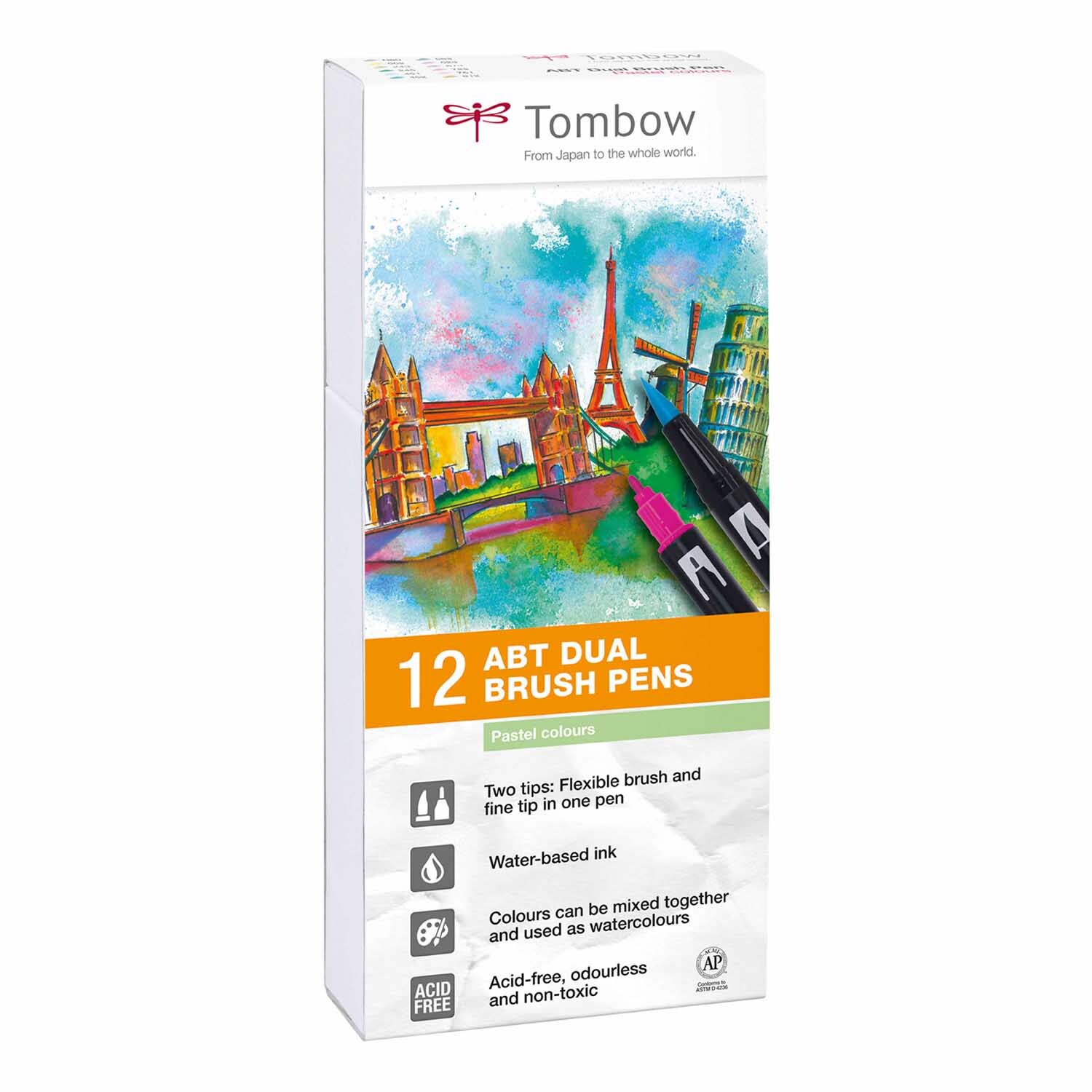 ABT Dual Brush Pen Pastellfarben 12er Set von Tombow, zeigt bunte Stifte und Aquarellkunst.