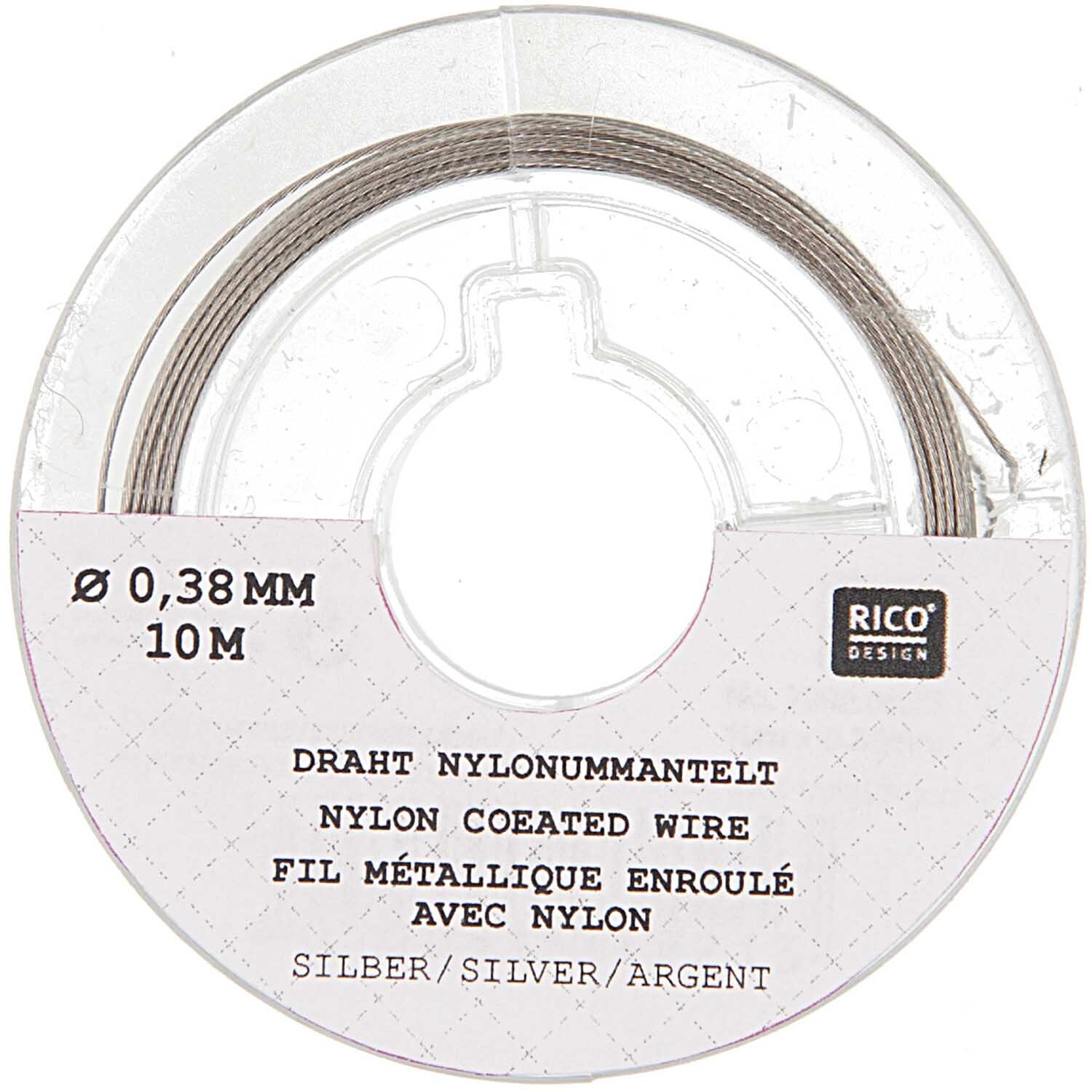 Edelstahlseide 0,38mm 10m von Rico Design, silberfarbig, auf einer Spule mit Nylonmantel. Ideal für Schmuckherstellung.