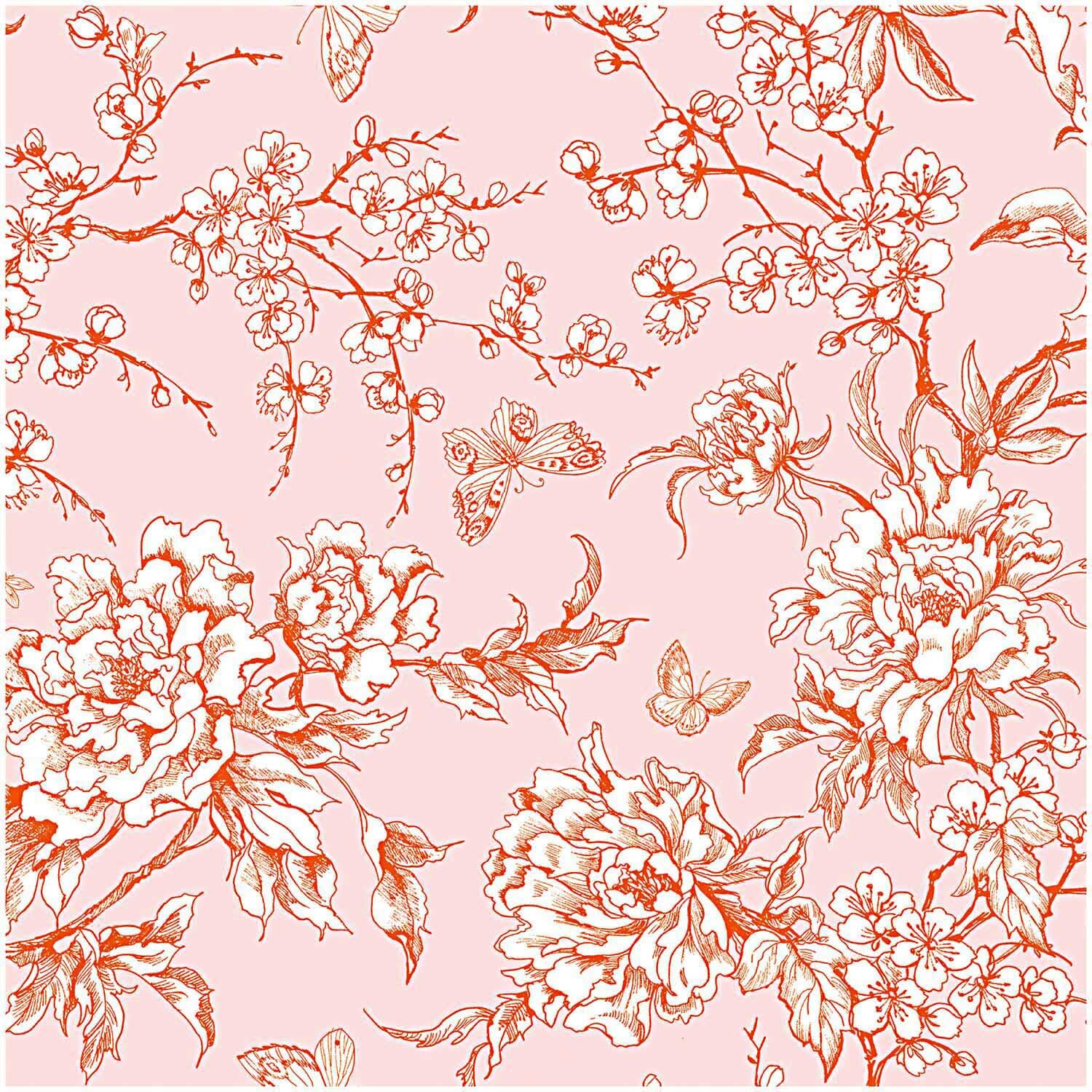 Stoff Kirschblüte puder-orange 50x140cm von Rico Design zeigt zarte Blüten und Schmetterlinge.
