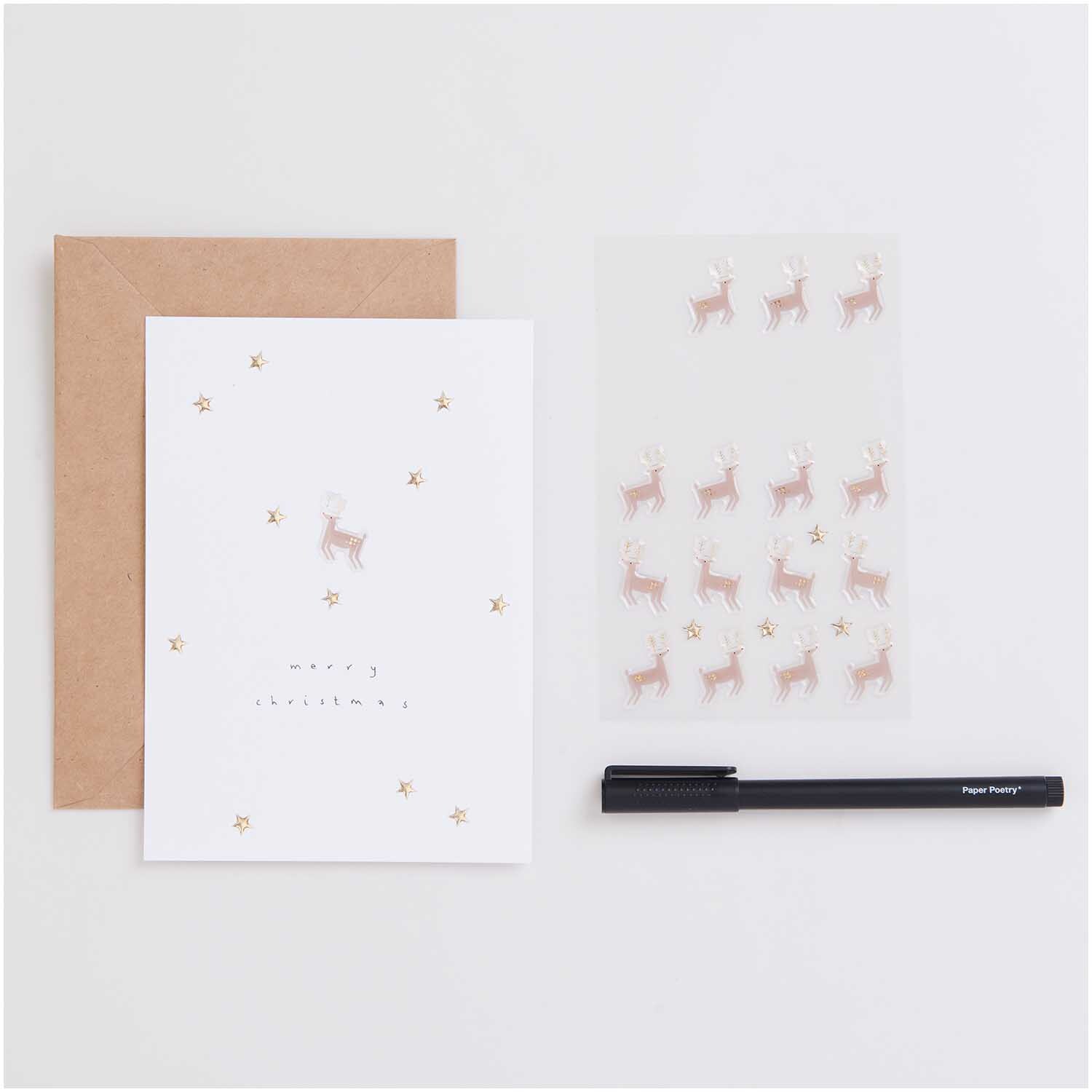 Paper Poetry Gelsticker Rentiere 1 Blatt mit braunen Rentiermotiven, beige Karte und schwarzem Stift. Ideal für kreative Weihnachtsprojekte.