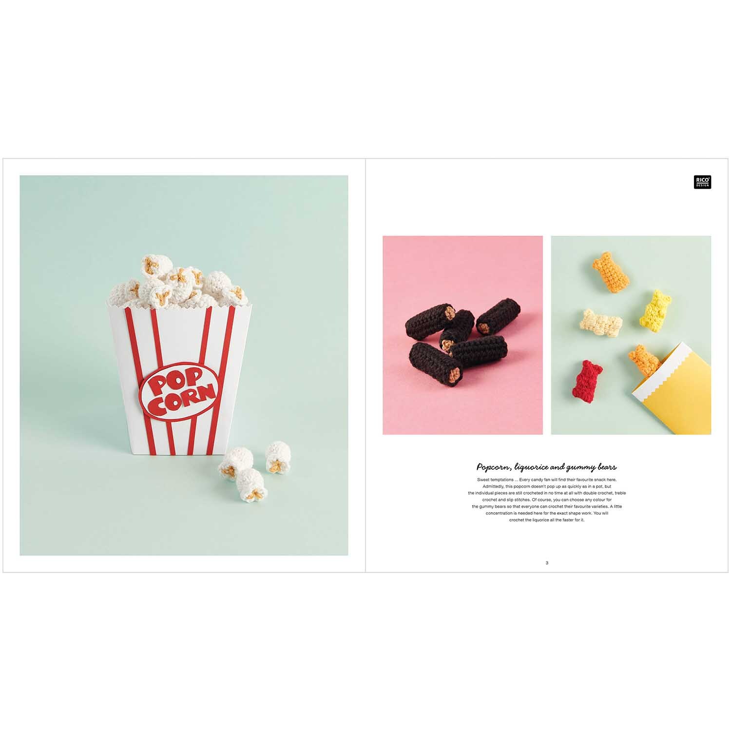 Ricorumi Snacks von Rico Design: Bunte, gehäkelte Snacks wie Popcorn und Lakritz auf pastellfarbenem Hintergrund.
