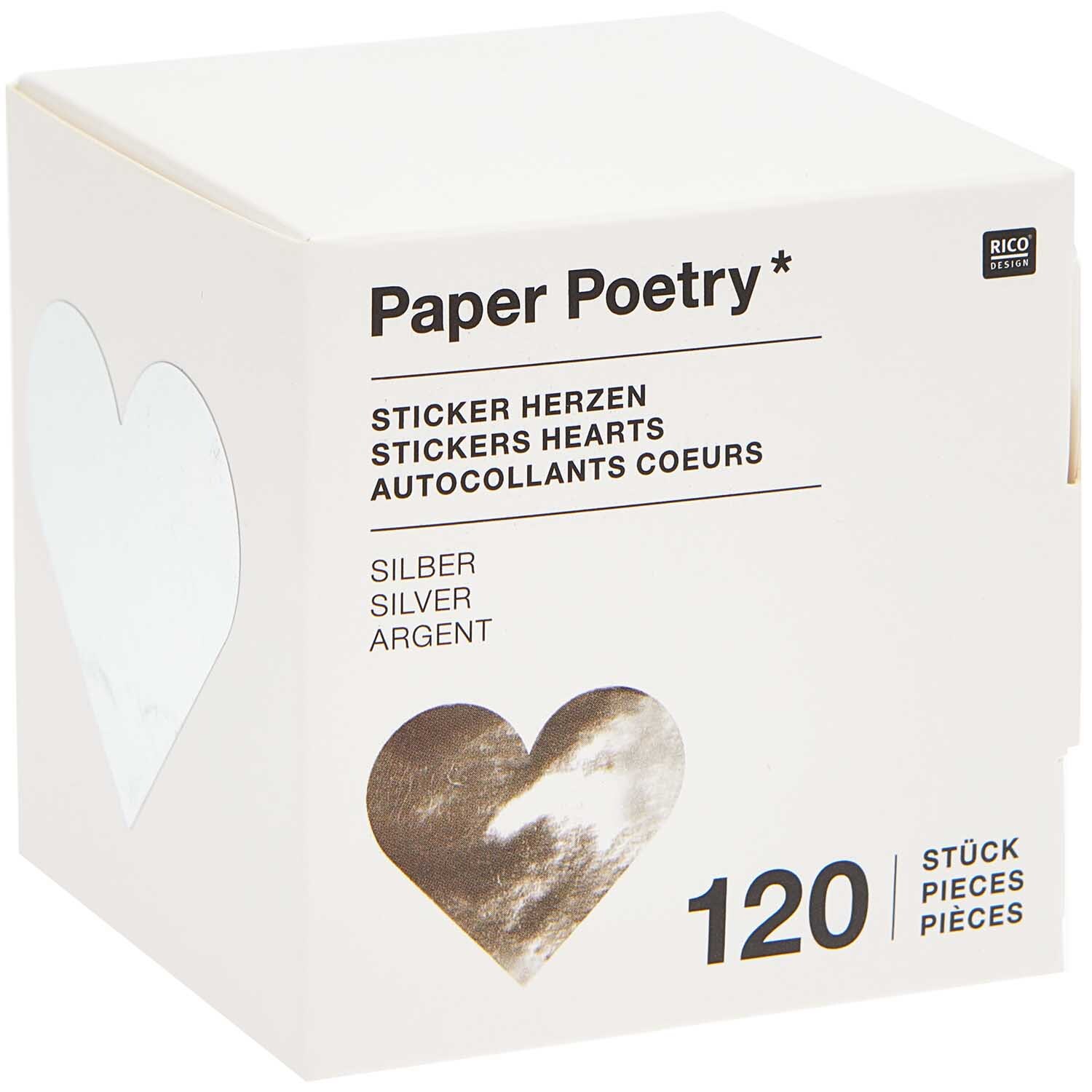 Paper Poetry Sticker Herzen 5cm, 120 Stück auf Rolle. Silberne Herzsticker von Rico Design in eleganter Verpackung.