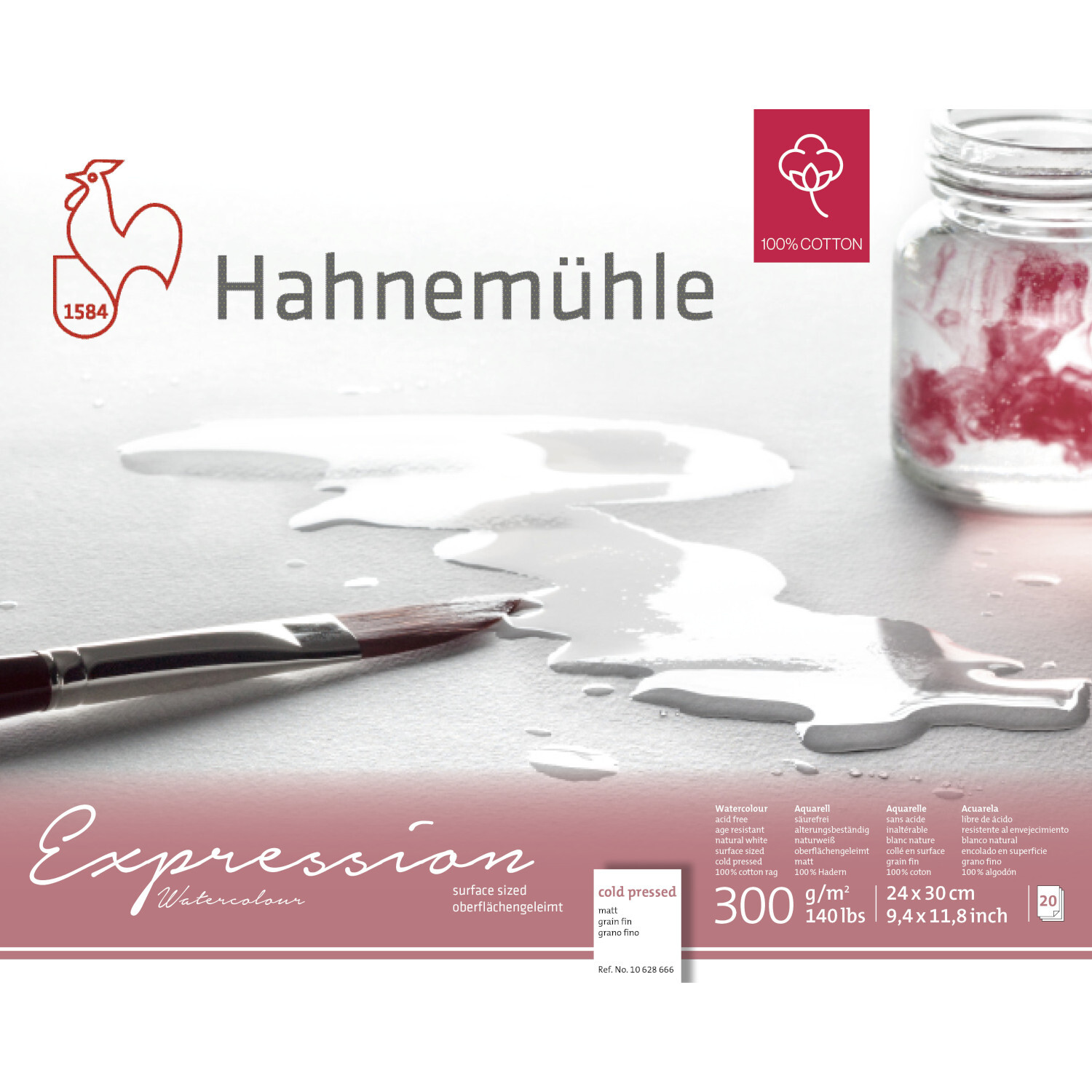 Expression Aquarell matt 24x30cm 20 Blatt, Hahnemühle, 300g/m², Pinsel und Glas auf weißem Papier.