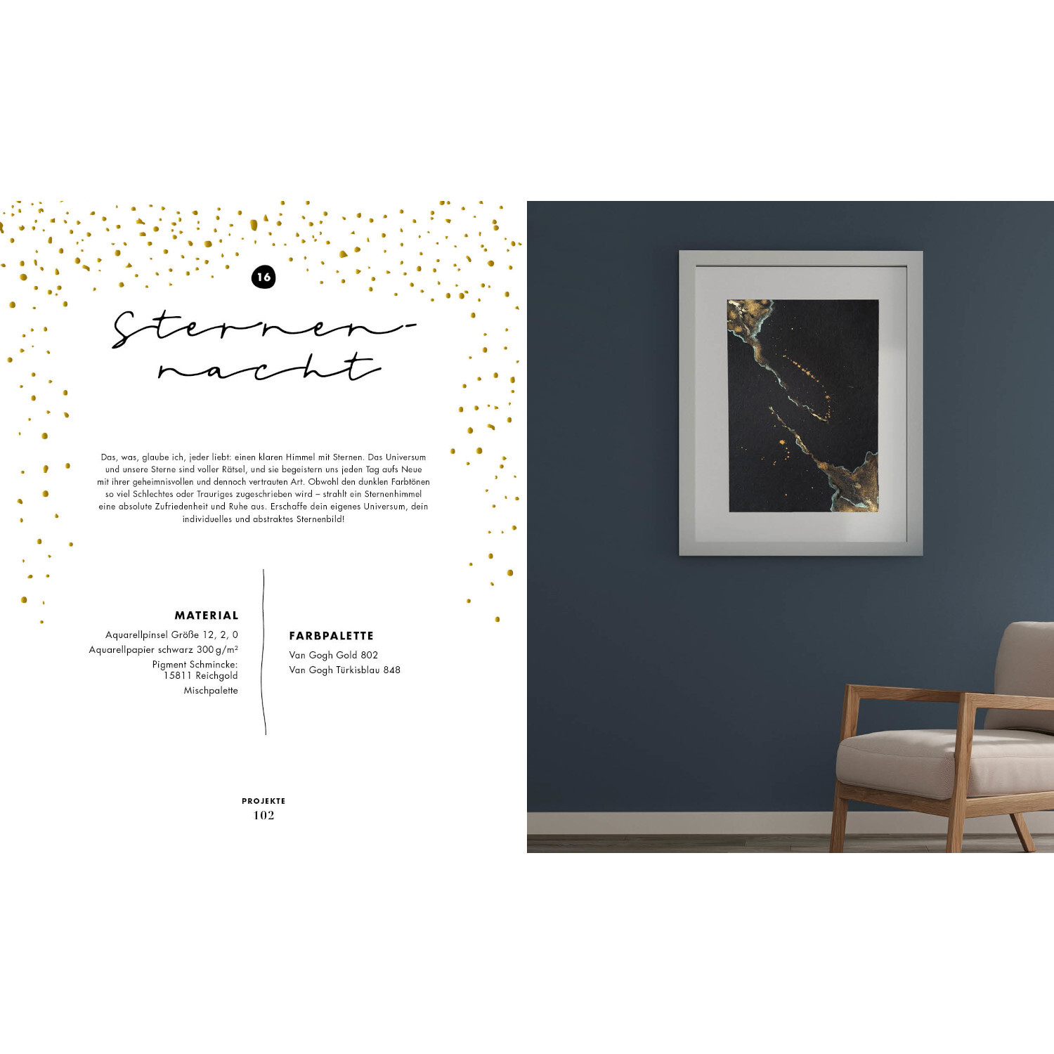 Shine – Art for Home: Elegantes Wandbild in Schwarz und Gold, gerahmt an dunkelblauer Wand.