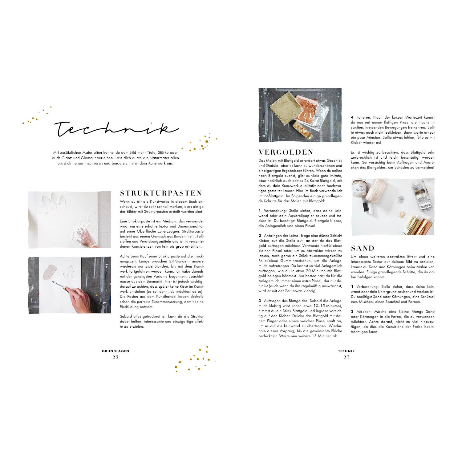 Shine – Art for Home: Doppelseite mit Anleitungen zu Strukturpasten und Vergolden, illustriert mit Fotos.