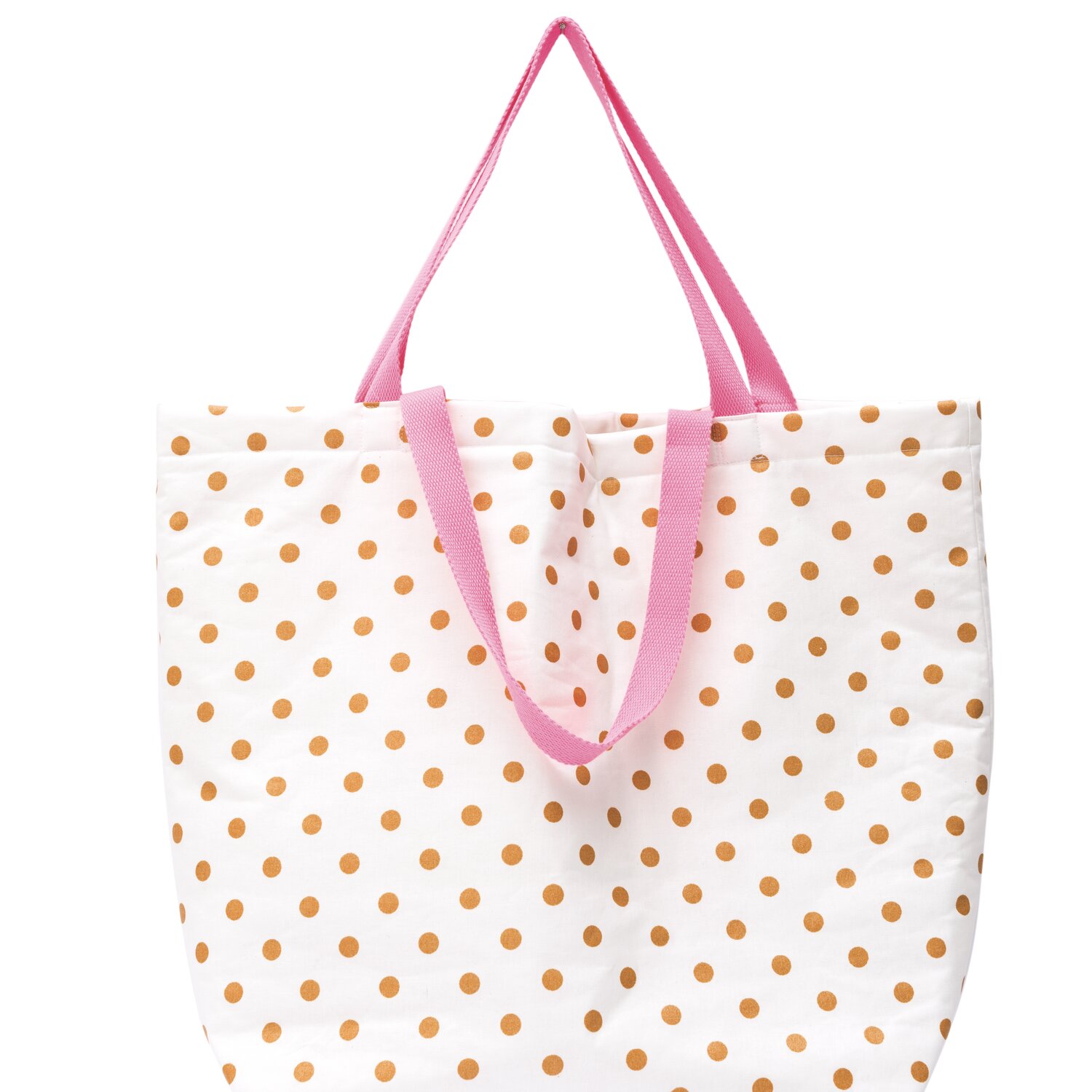 Gurtband 25mm 2m von Rico Design, rosa Tragegurt an weißer Stofftasche mit orangefarbenen Punkten, ideal zum Selbernähen und Verstärken von Henkeln